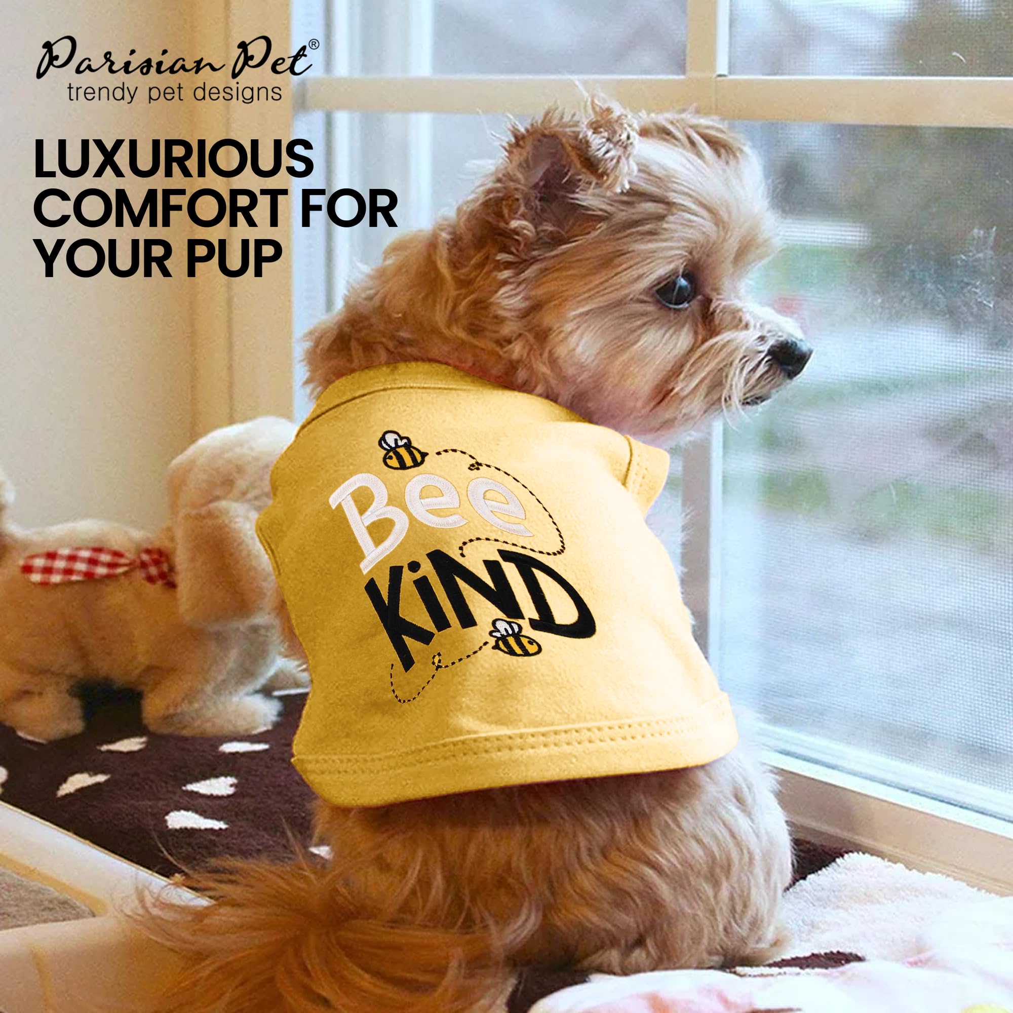 Parisian Pet Dog Tshirt - Embroidered Bee Kind Dogs Clothes - Lightweight Dog Tank Top - 100% Cotton, Sleeveless Doggy Tee Shirt