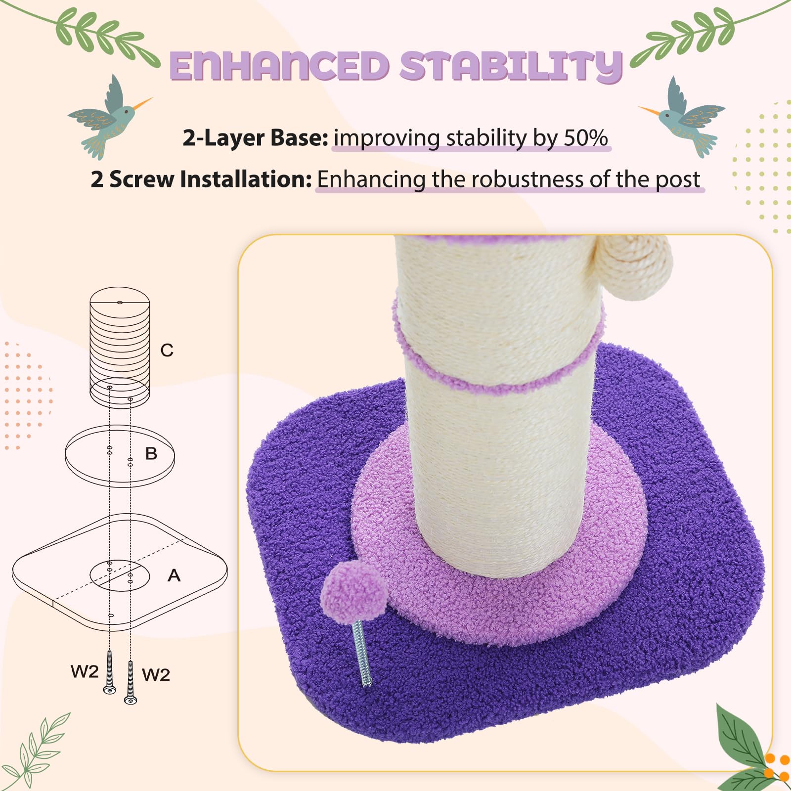 Pequlti Flower Cat Scratching Post, Small Tree, Tall Scratcher For Indoor Cats With Super Thick Post [Dia=5.5''], Removable Flow