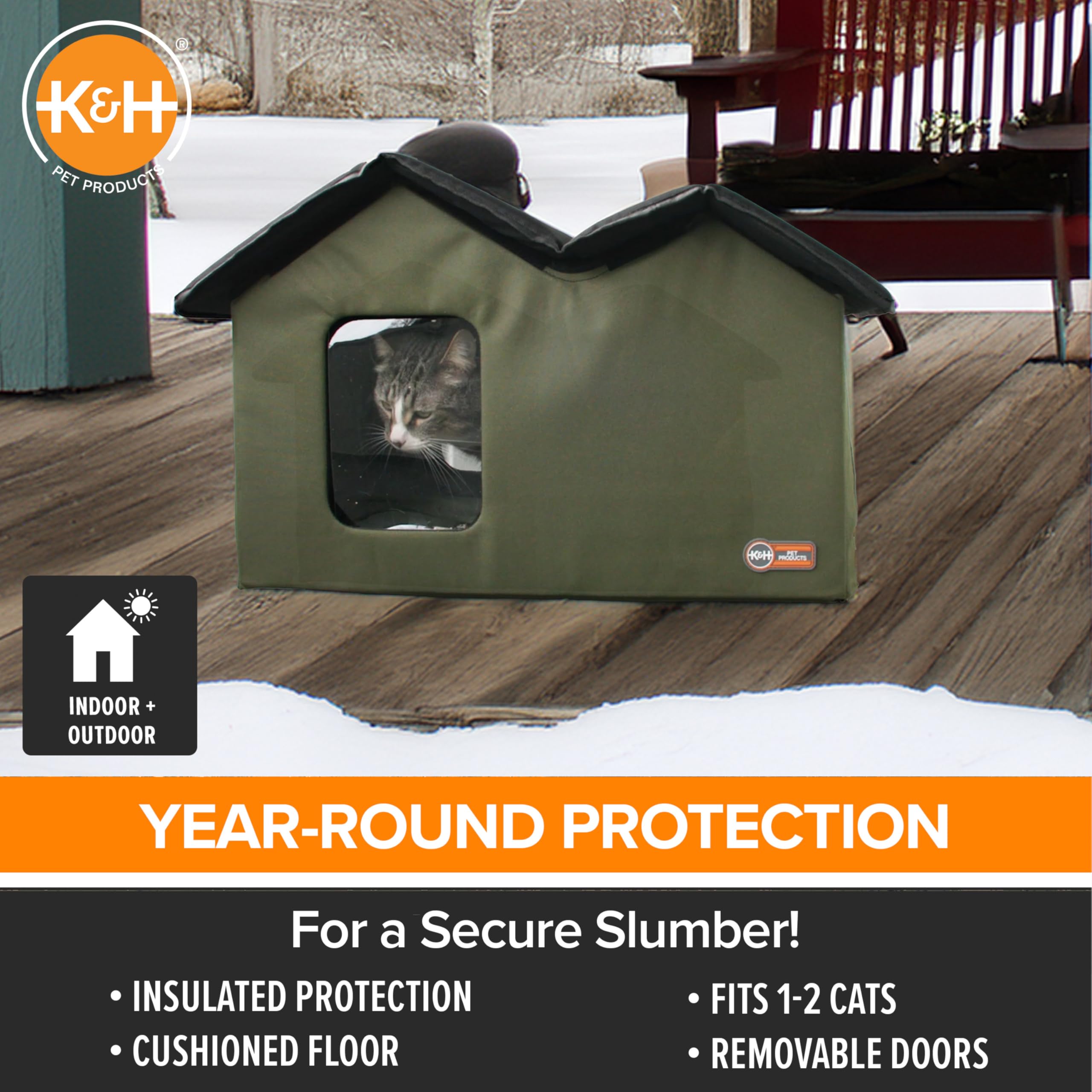 K&H Pet Products Outdoor Cat House Extra-Wide Unheated Cat Shelter For Two, Olive, 26.5 X 21.5 X 15.5 Inches