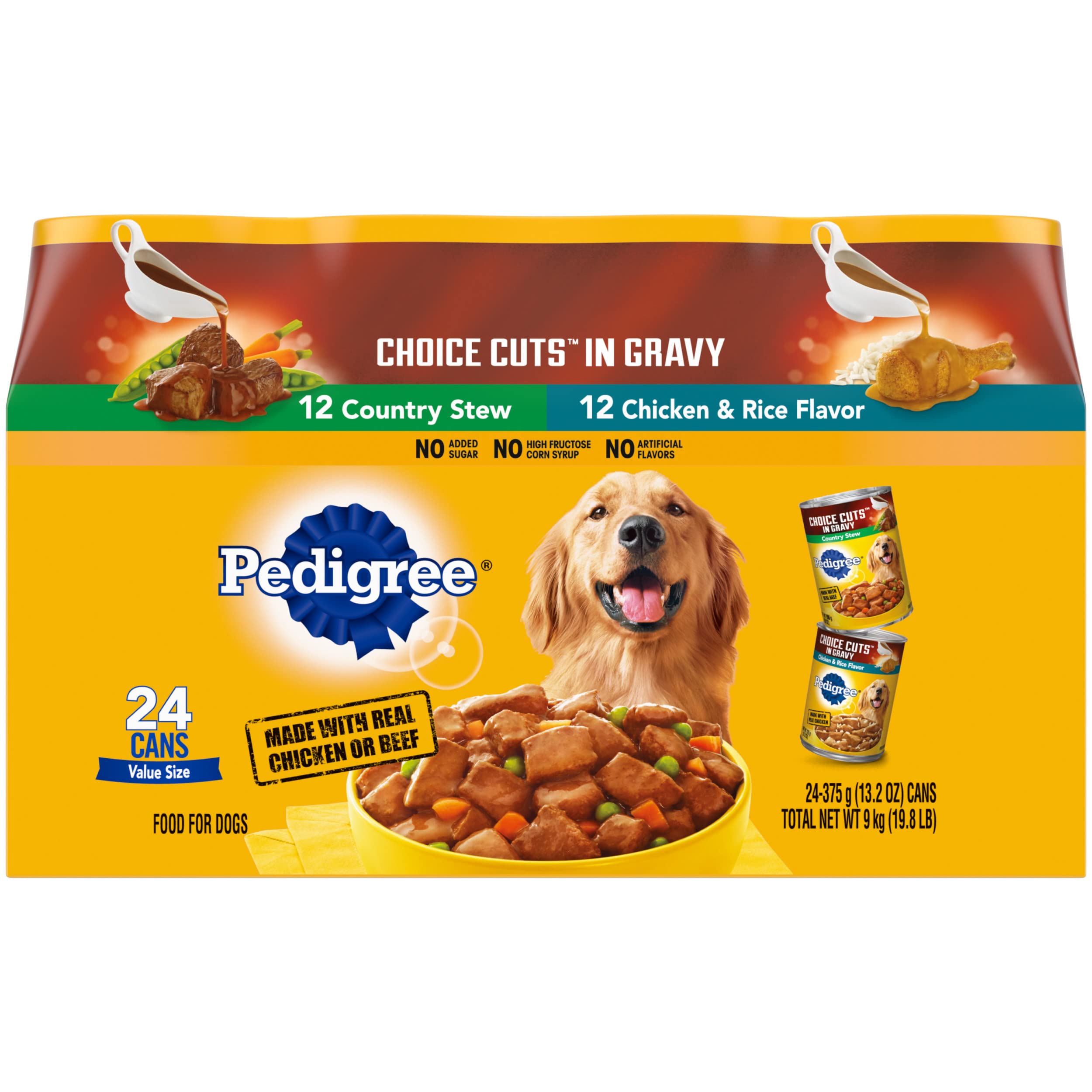 PEDIGREE CHOICE CUTS IN GRAVY Adult Canned Soft Wet Dog Food Variety Pack, Country Stew and Chicken & Rice Flavor, 13.2 oz. Cans