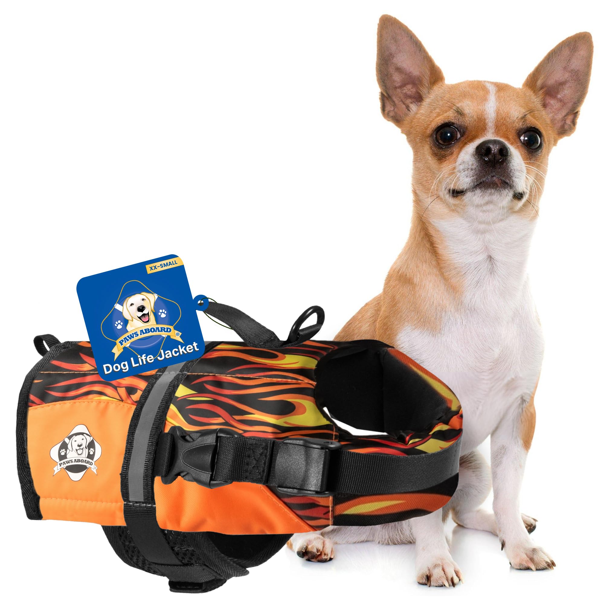 Paws Aboard Dog Life Jacket - Keep Your Canine Safe with a Nylon Life Vest for Swimming and Boating - Racing Flames - Design to Choose - XXS to XL