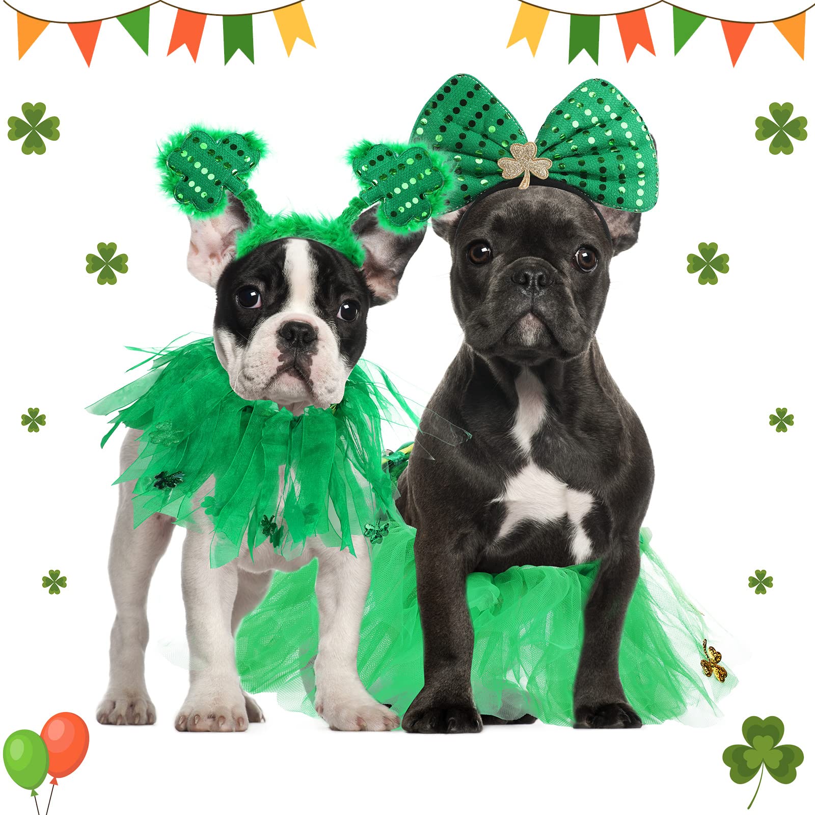 4 Pcs St Patrick'S Day Dog Costume Pet Costume, Tutu For Dogs Sequins Bowtie Shamrock Headband Dog Dress Tutu Collar Green Puppy