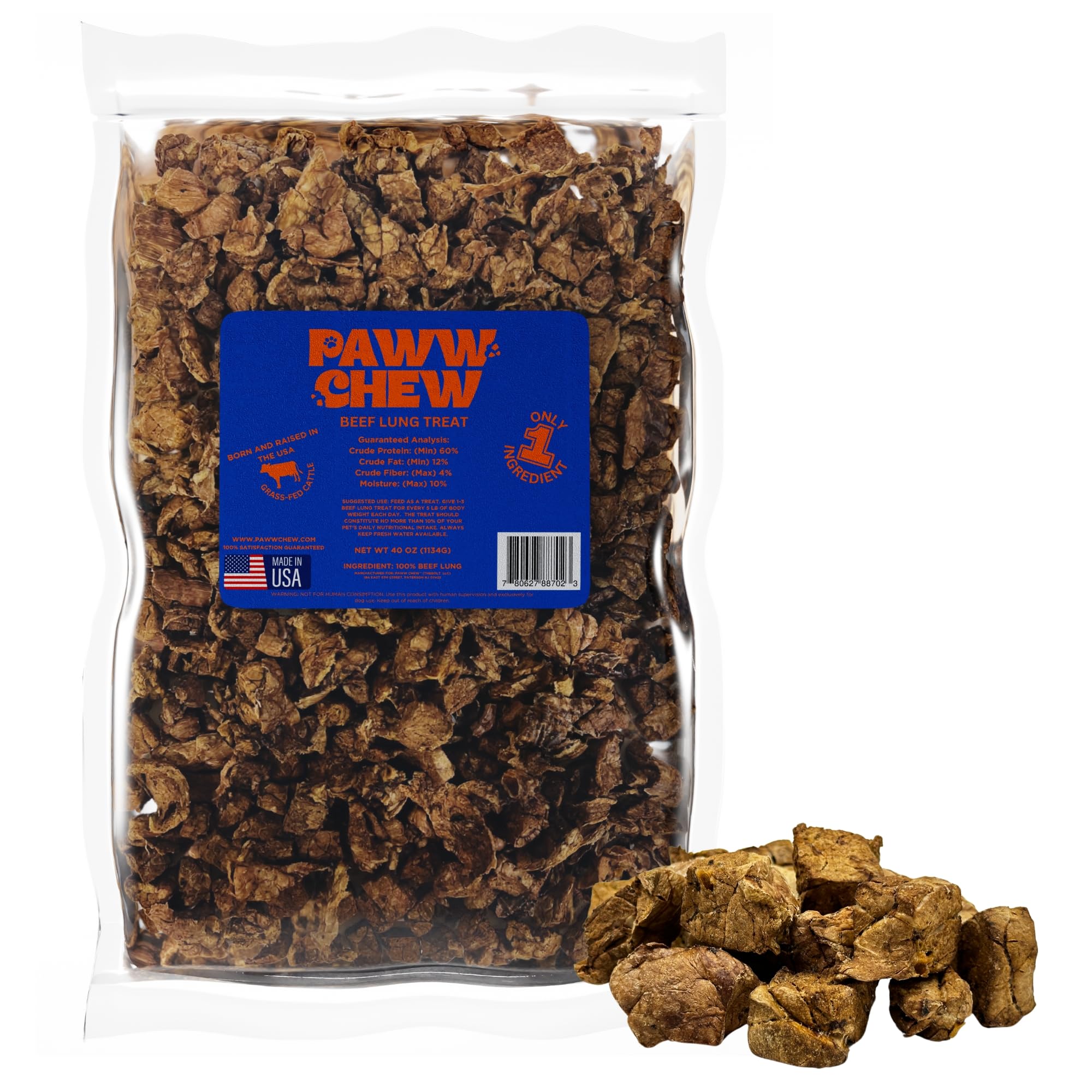 Paww Chew Beef Lung Dog Treats, 100% Natural, Single Ingredient, (2.5 Pound) Made in the USA, Dried & Dehydrated, High Protein, 