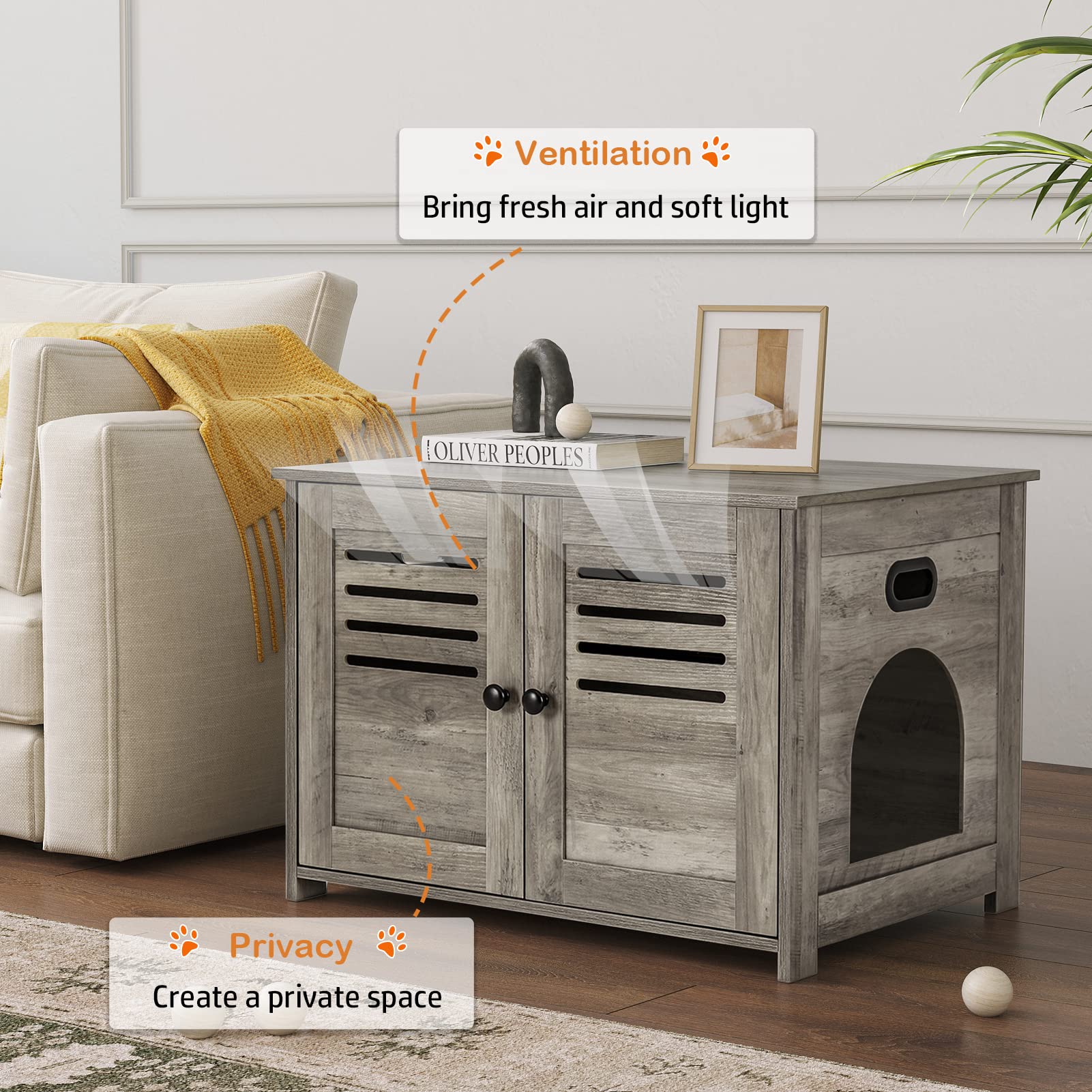 Dinzi Lvj Litter Box Enclosure, Cat Litter House With Louvered Doors, Entrance Can Be On Left Or Right Side, Spacious Hidden Washroom For Most Of Box, Furniture Cabinet, Gray Wash