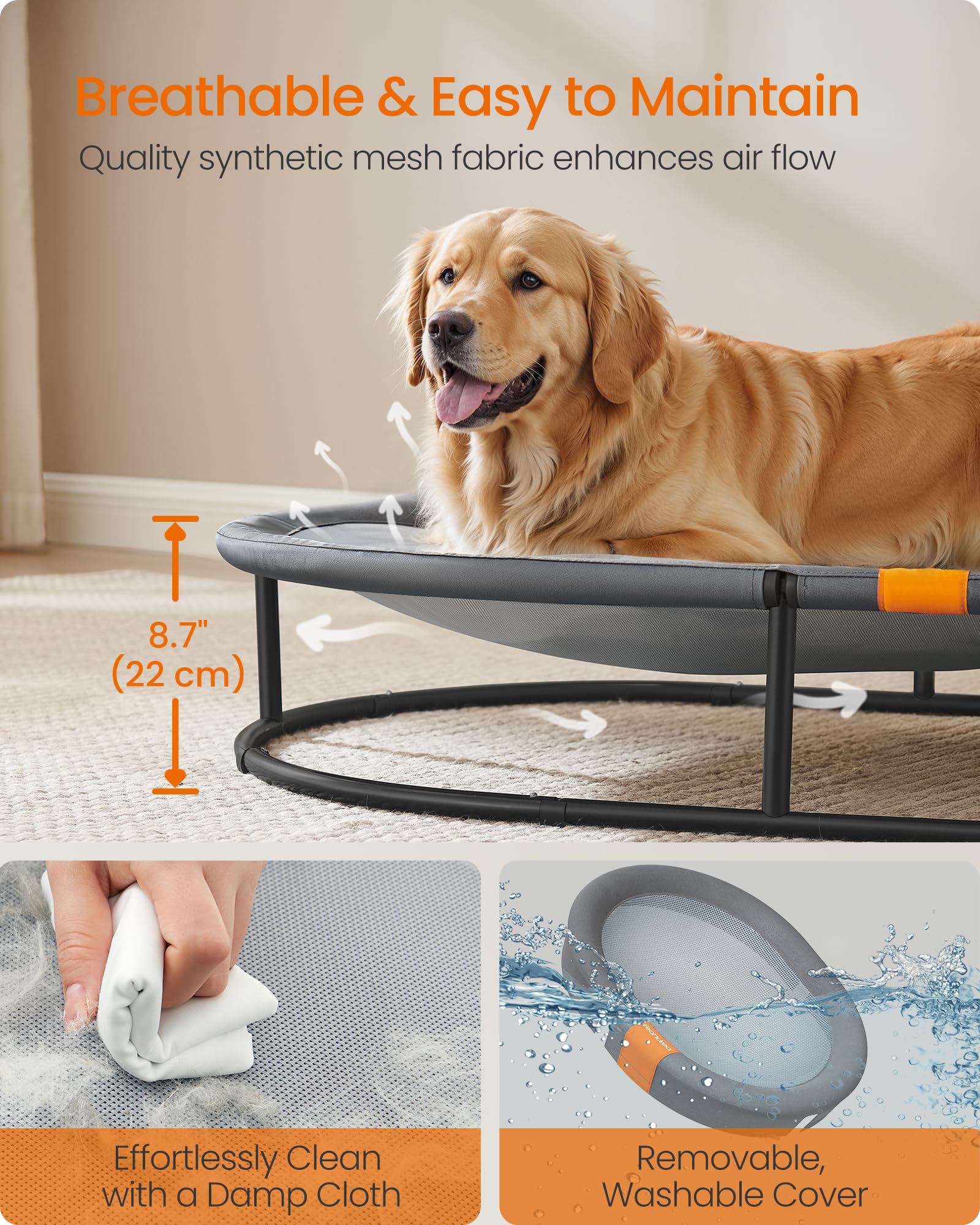 Feandrea Pet Bed, Cat Hammock, Elevated Cat Bed for Multiple Cats, with Removable Washable Mesh, for Pets up to 120 lb, Oval, Gr