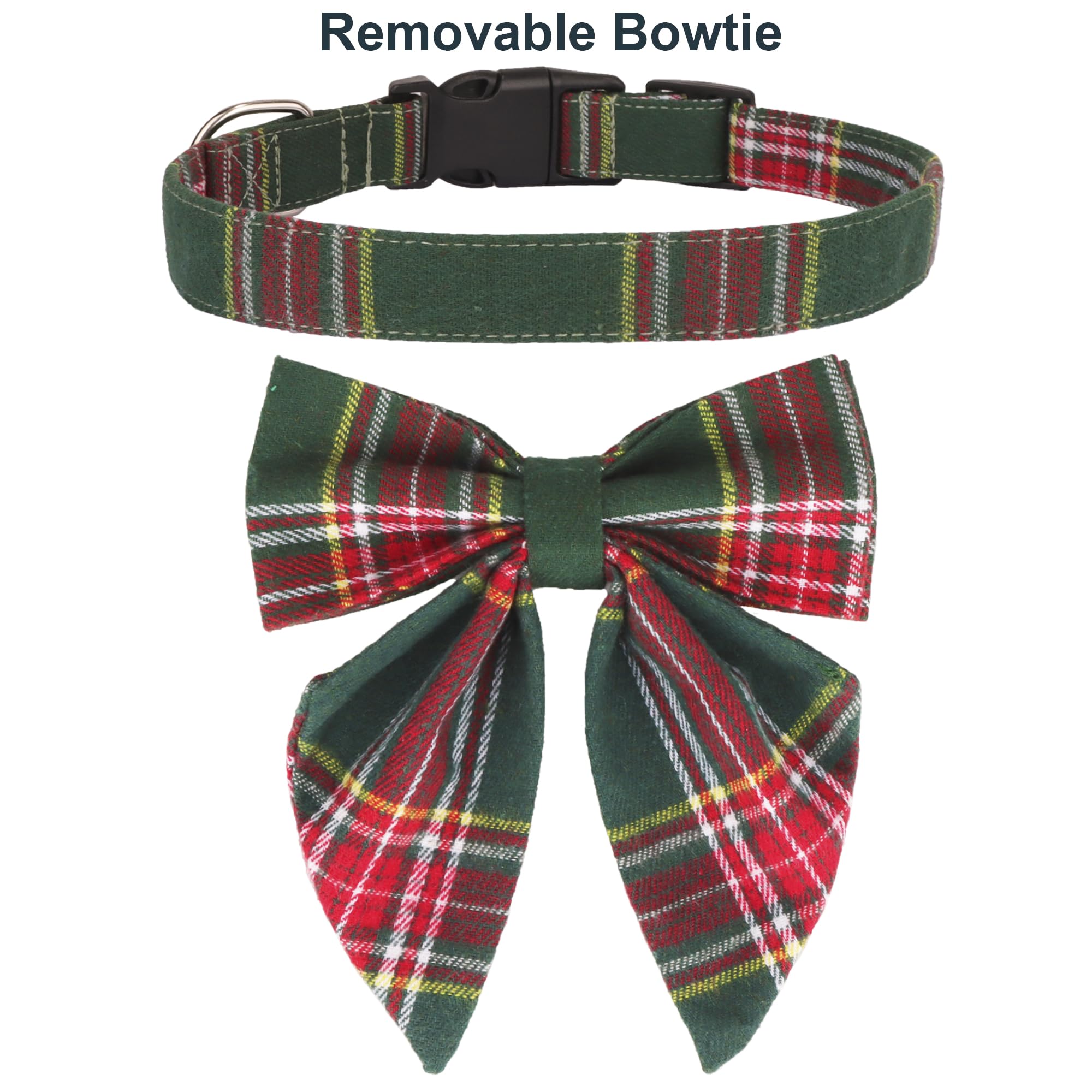 Adoggygo Christmas Dog Collar With Bow, Plaid Xmas Dog Bowtie Collar, Adjustable Green Dog Christmas Collars For Small Medium Large Dogs Pets (Medium, Green)