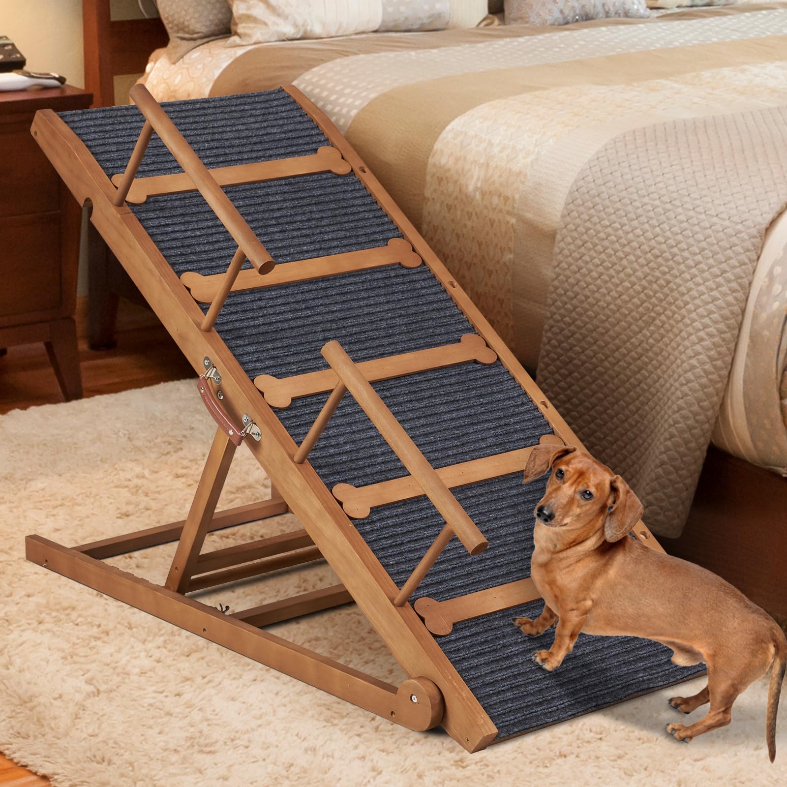 Wooden Dog Ramp For High Bed, 47.2'' Long Non-Slip Dog Ramp For Couch, 6 Adjustable Heights From 15.7'' To 28'' With Side Rails 