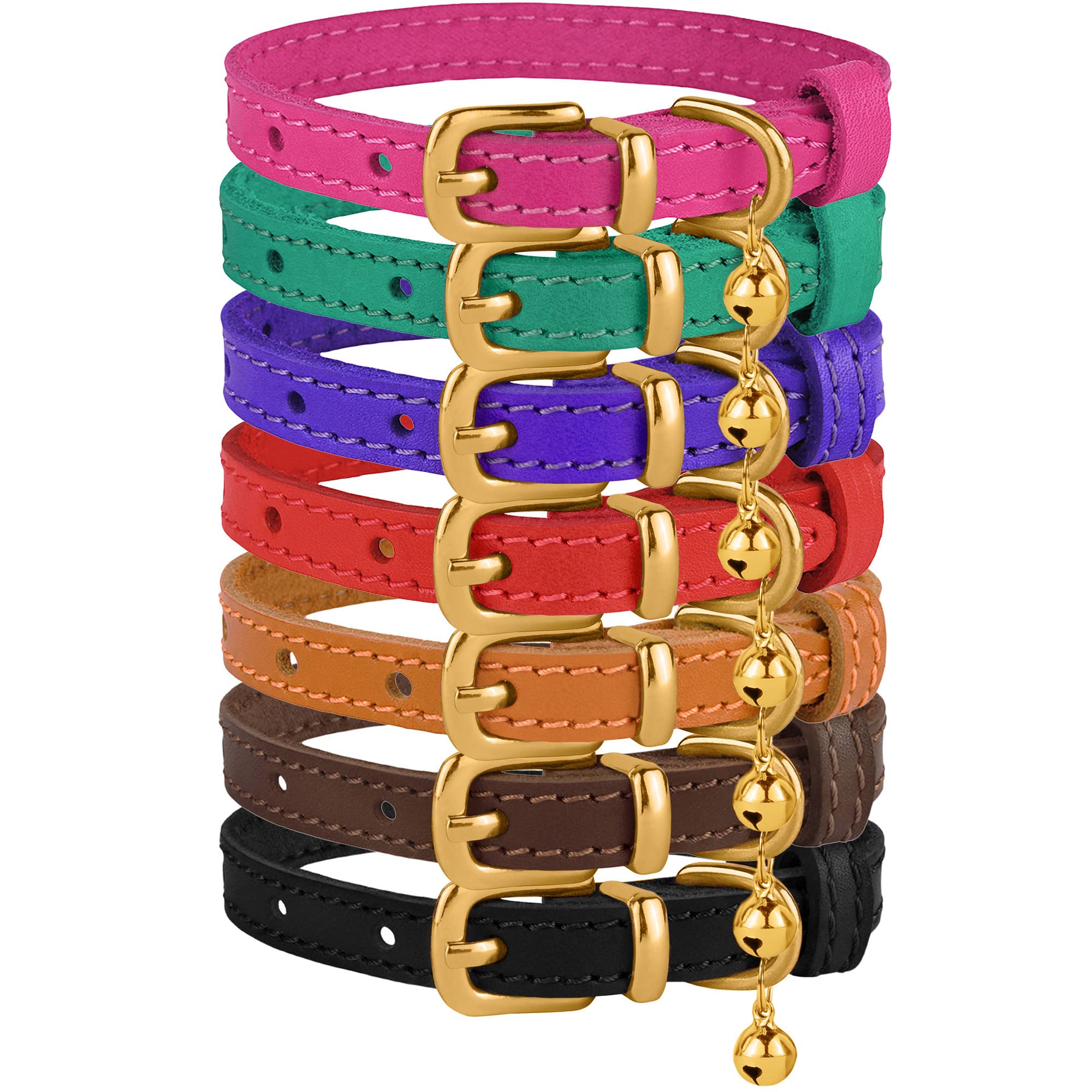 Bronzedog Leather Cat Collar With Bell Non Breakaway Kitten Qr Tag For Girl Boy (9'' - 11'' Cats/Mini Dogs, Green & Gold)