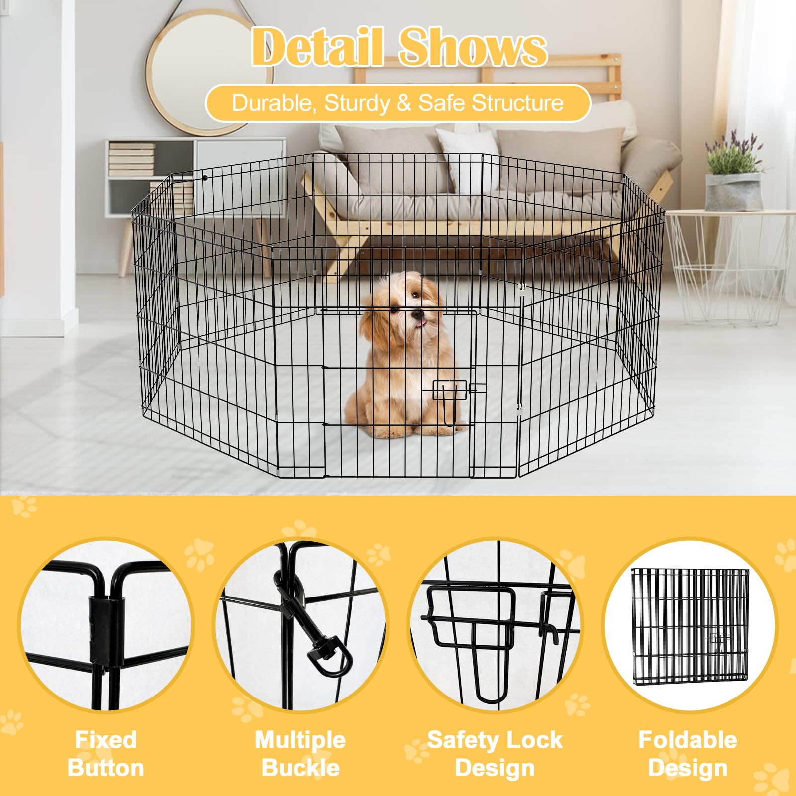 ZephyPaws Dog Playpen, 24 inch 8 Panels Foldable Metal Dog Pen Pet Fence Exercise Pen with Doors, Portable Indoor Outdoor Puppy