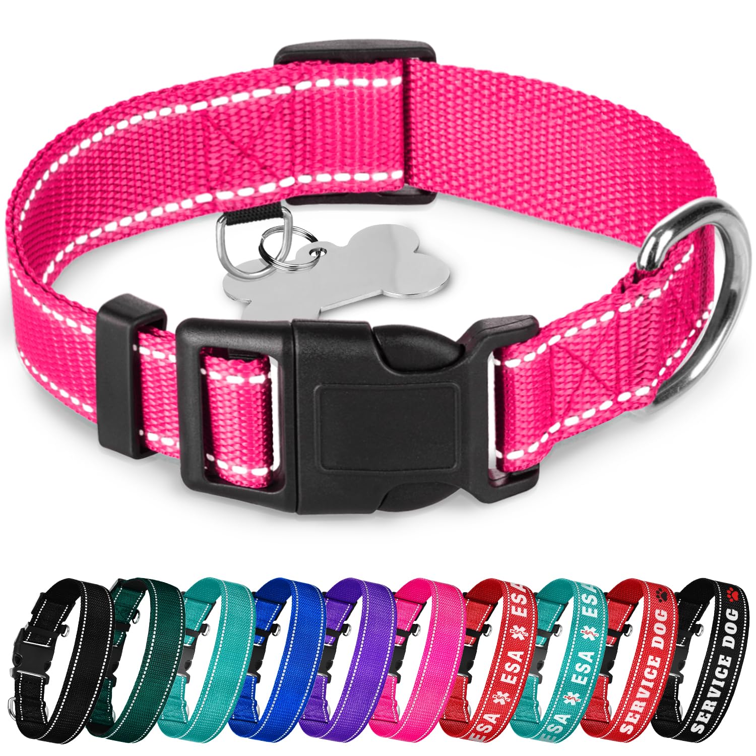 Teceum Reflective Dog Collar - Hot Pink - S - Basic Nylon Pet Collar - Quick Release Buckle - Fits Small, Medium And Large Dogs,
