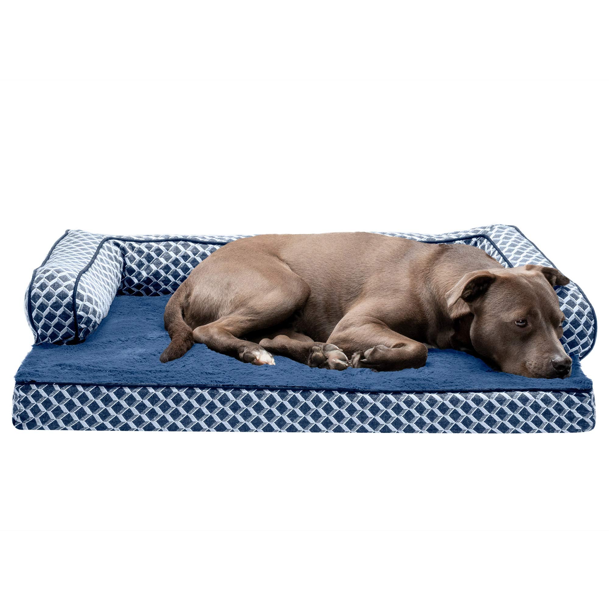 Furhaven Orthopedic Dog Bed For Large/Medium Dogs W/ Removable Bolsters & Washable Cover, For Dogs Up To 55 Lbs - Plush & Woven Decor Comfy Couch Sofa - Diamond Blue, Large