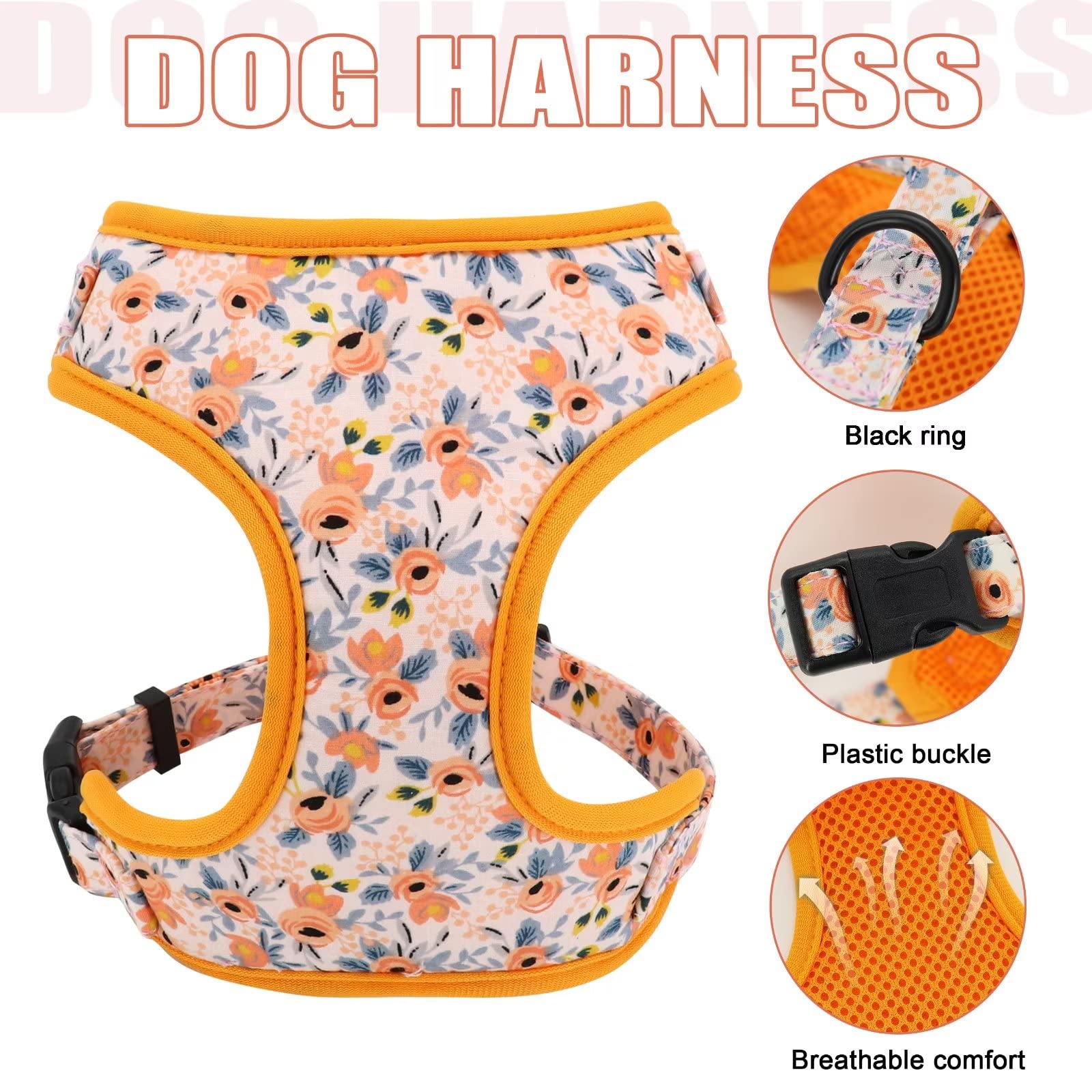 Beirui Cute Girl Dog Collars, Harnesses & Leashes Set - Adjustable Dog Collar And Leash Set With Flower - Soft Mesh Dog Vest Harness For Puppies Small Medium Dogs (Orange,M)