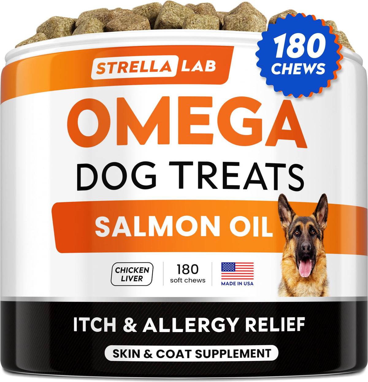 Strellalab Fish Oil Omega 3 Treats For Dogs (180 Treats) - Allergy & Itch Relief - Skin & Coat Supplement - Joint Health - Wild Alaskan Salmon Oil - Shedding, Itchy Skin Relief - Omega 3 6 9 - Epa&Dha