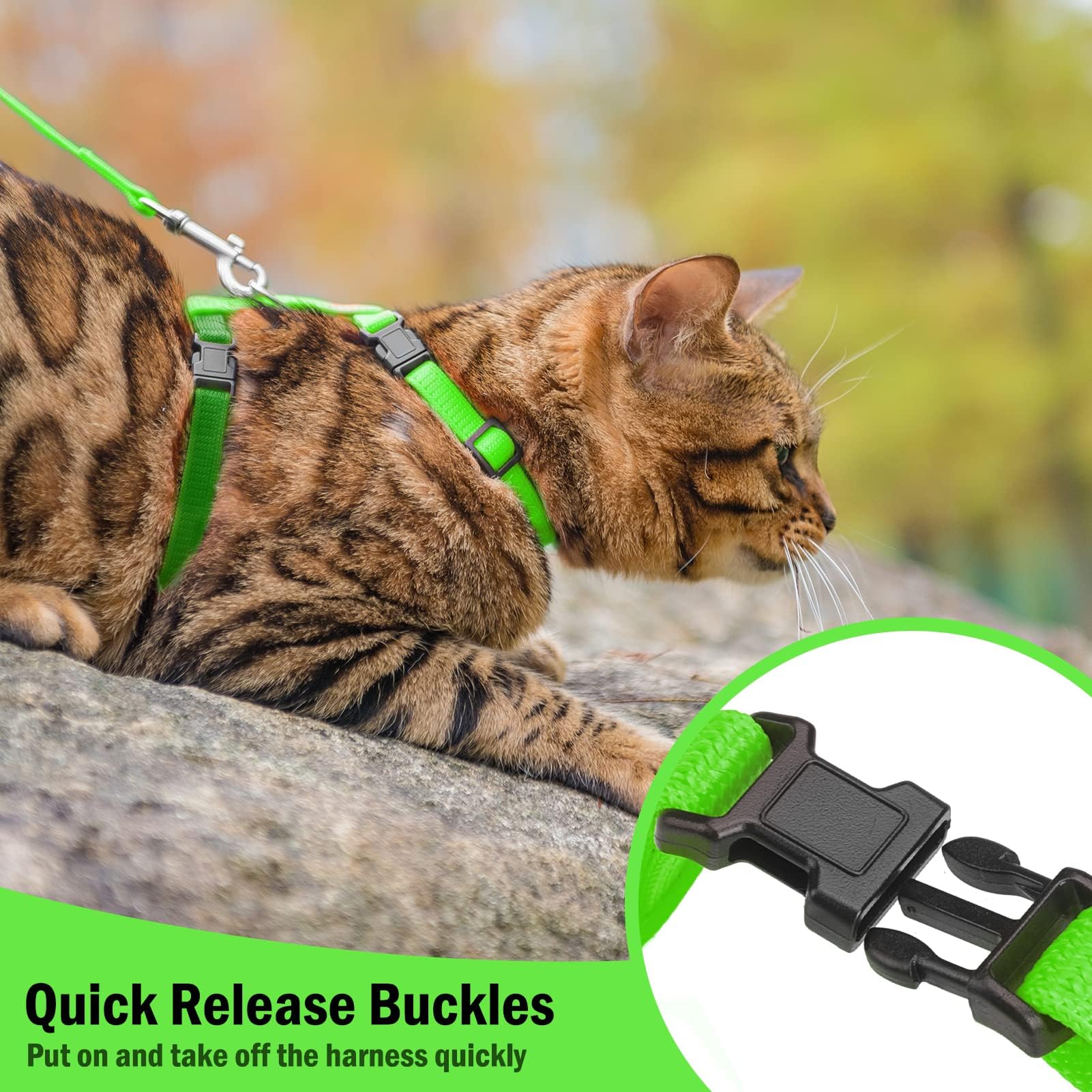 Pupteck Adjustable Cat Harness And Leash Set Escape Proof Kitten Strap Collar For Walking Travel, Green, M