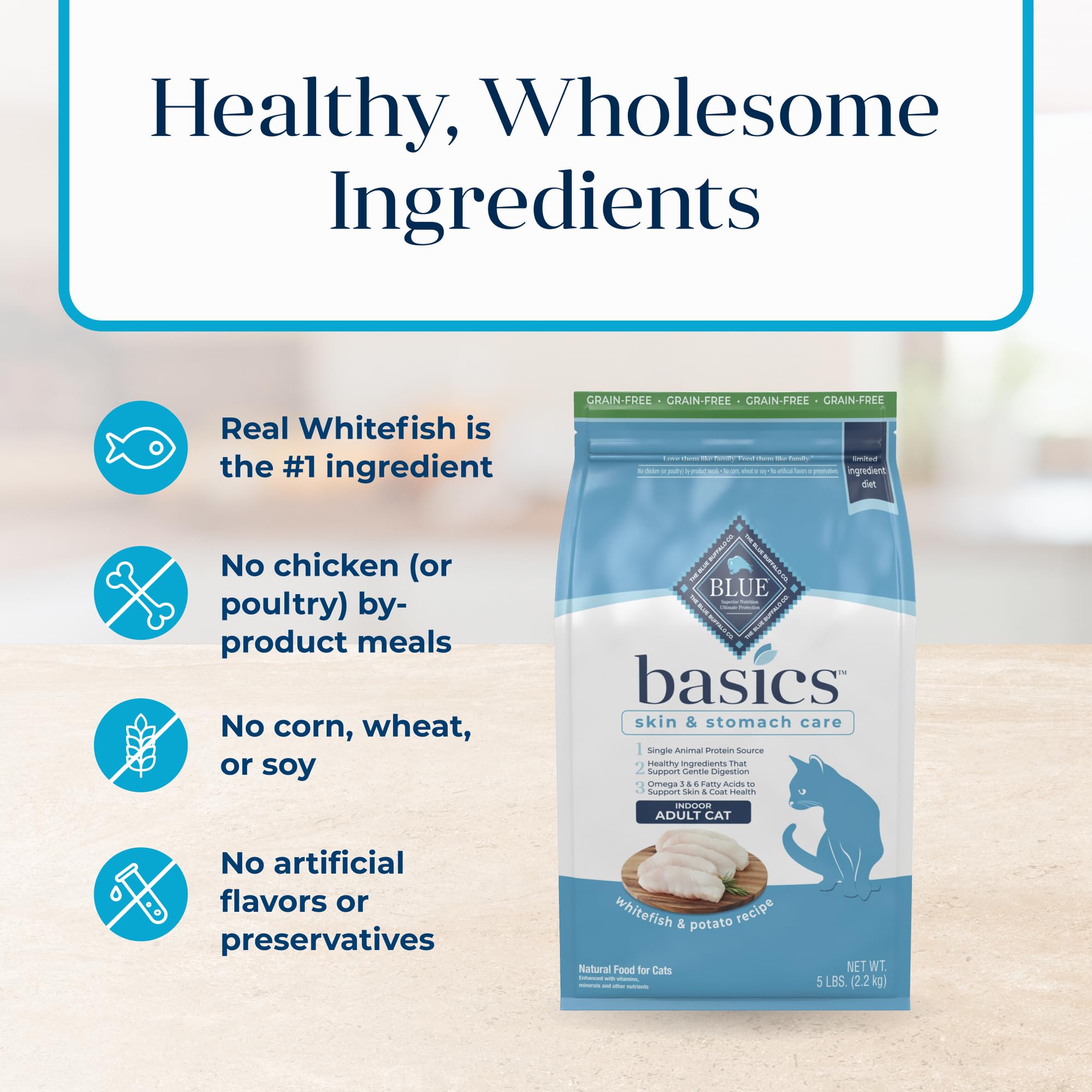 Blue Buffalo Basics Grain-Free Dry Cat Food, Skin & Stomach Care, Limited Ingredient Diet for Indoor Cats, Whitefish & Potato Re