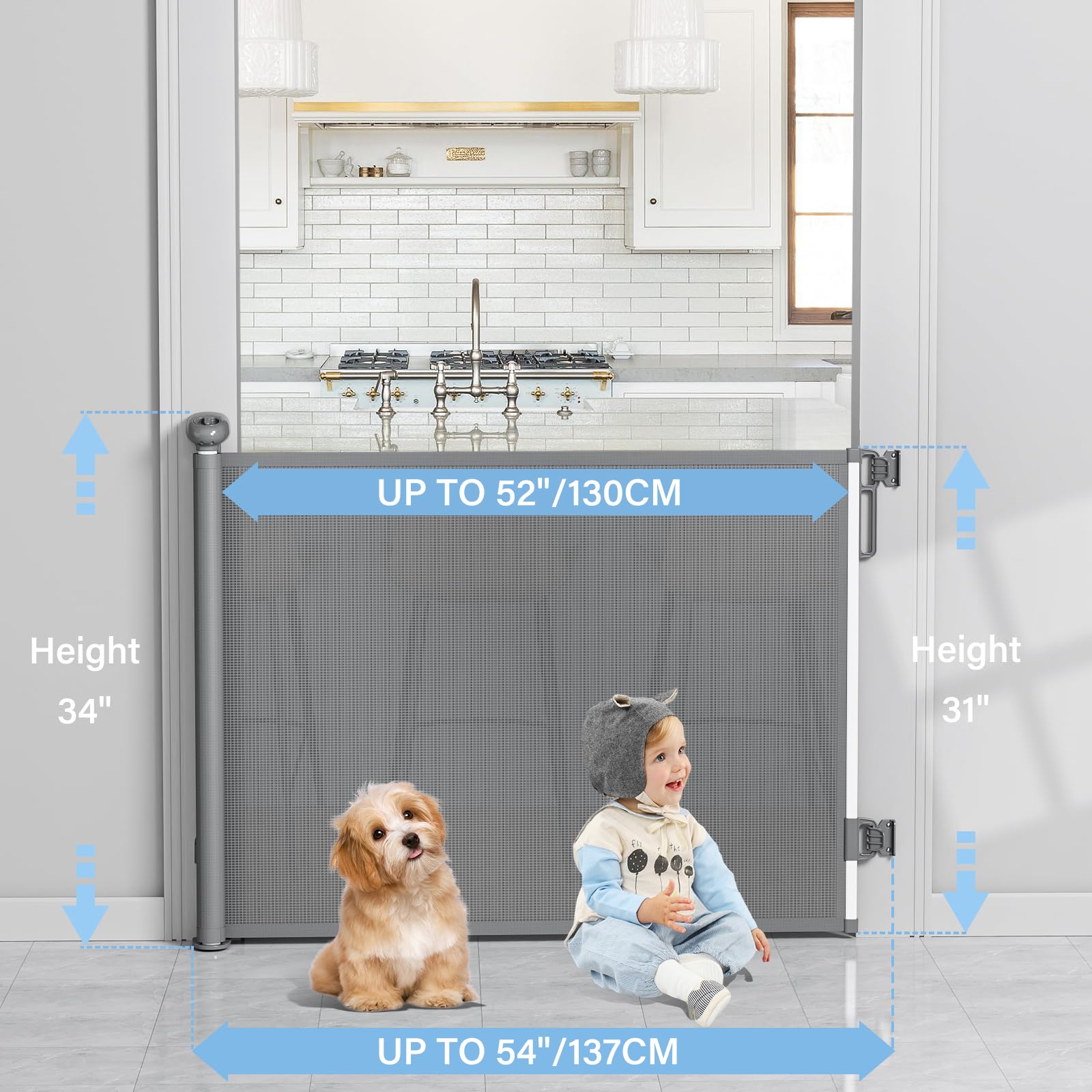 Retractable Baby Gates For Stairs, Probebi Retractable Dog Gate Indoor Extends To 54' Wide 34' Tall, Child Gates For Doorways, Stair Gate Use For Outdoor, Hallways, Doorways, Deck, Porch