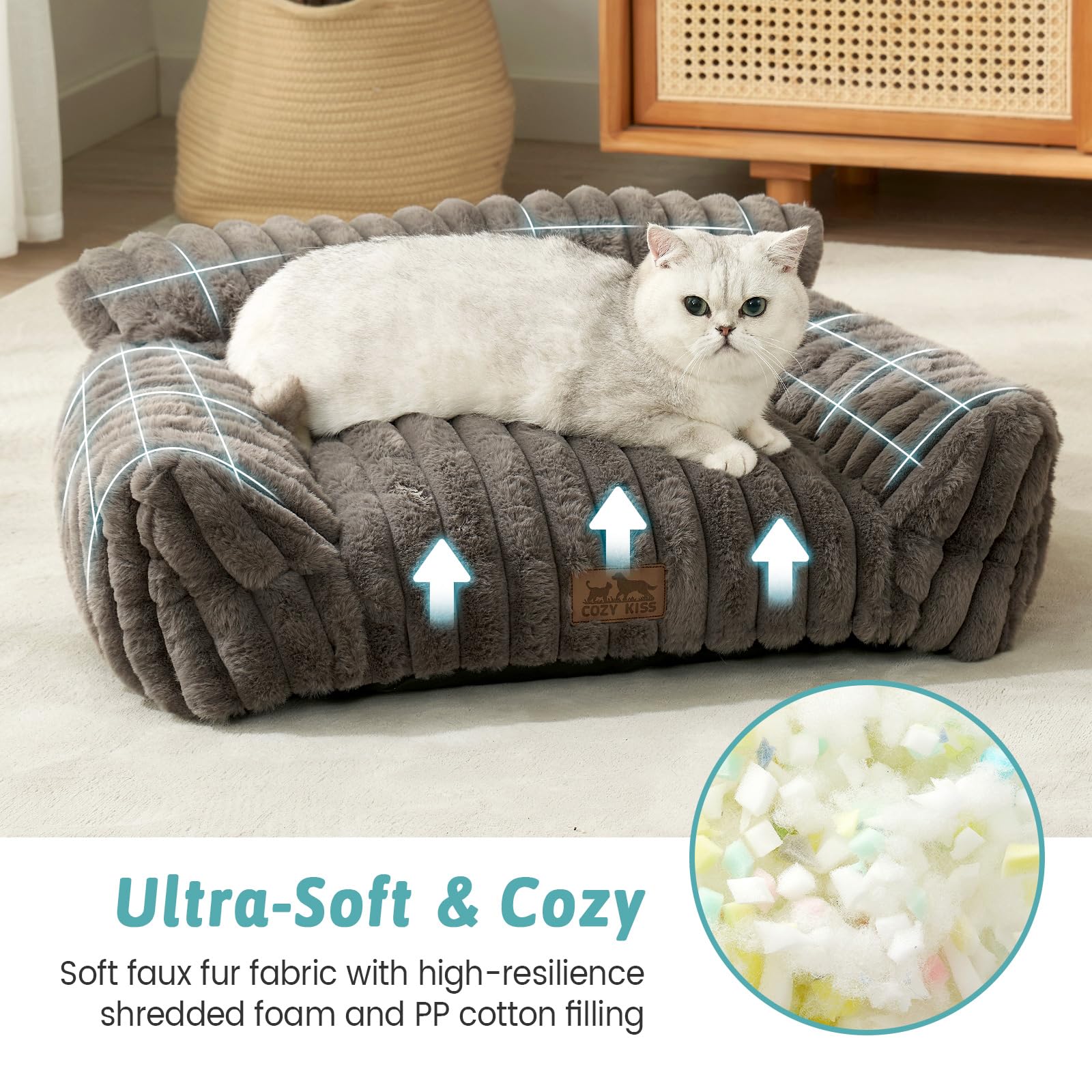 COZY KISS Cute Cat Couch, Premium Plush Faux Fur Pet Couch Bed, Ultra-Soft Pet Furniture for Cats & Small Dogs (Grey, M: 31.5x
