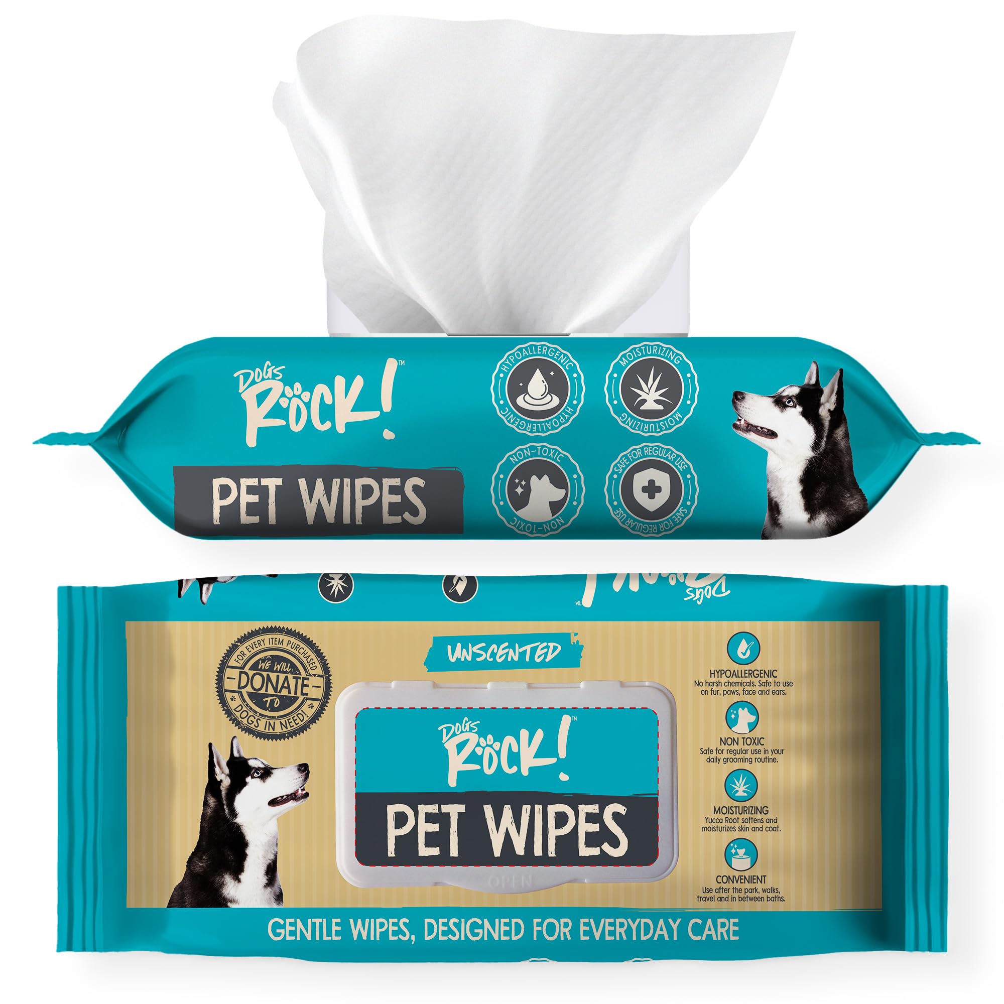Dogs Rock! Pet Wipes for Dogs - 100 Count Hypoallergenic Dog Wipes for Paws, Face, Ears & Body - Unscented, Alcohol-Free, Thick 