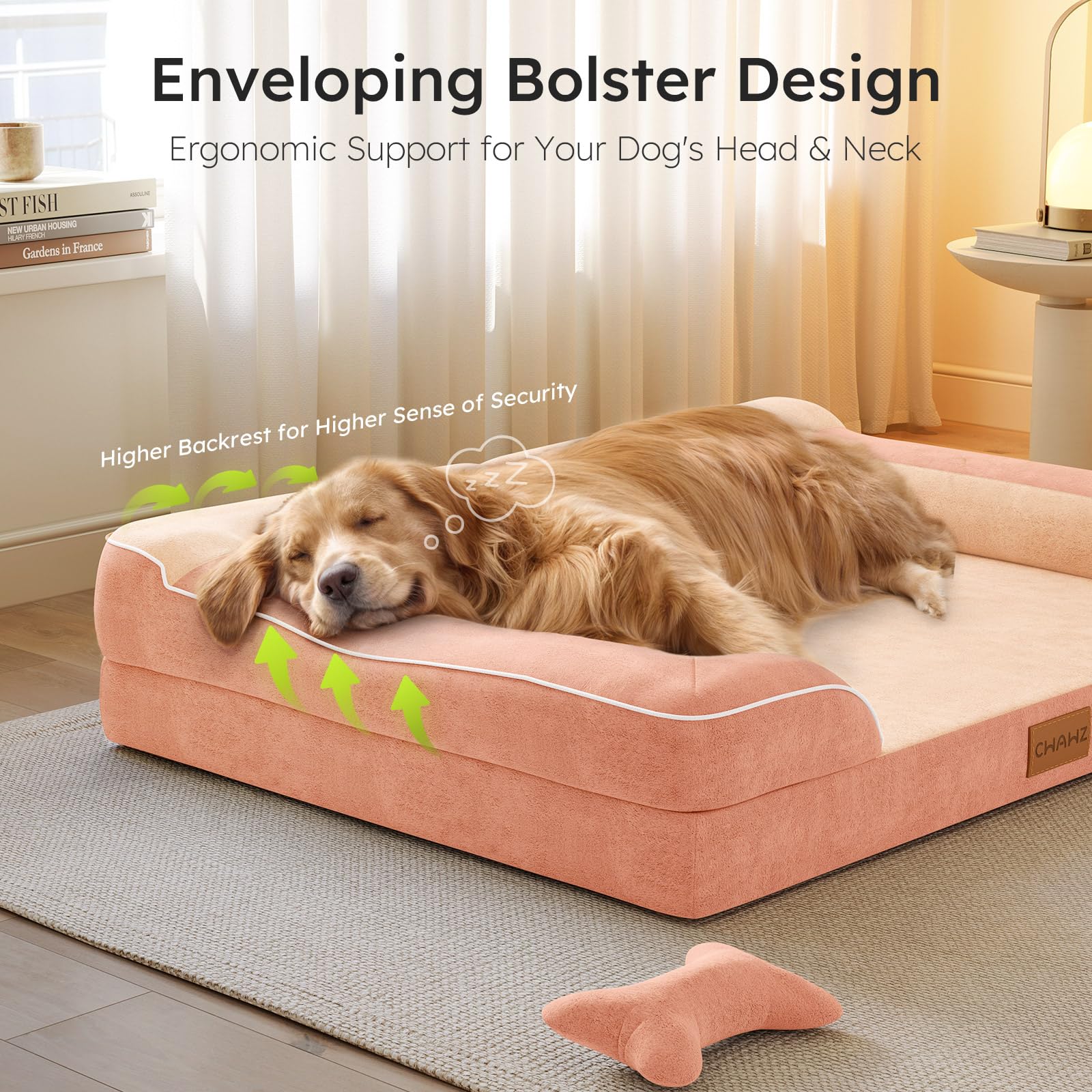 CWAWZ XXL Orthopedic Dog Bed, Cooling Gel Memory Foam, Waterproof, Velvet, 53" Pet Sofa, Peach Pink, Model GSFBC53WPTDDEFBA1