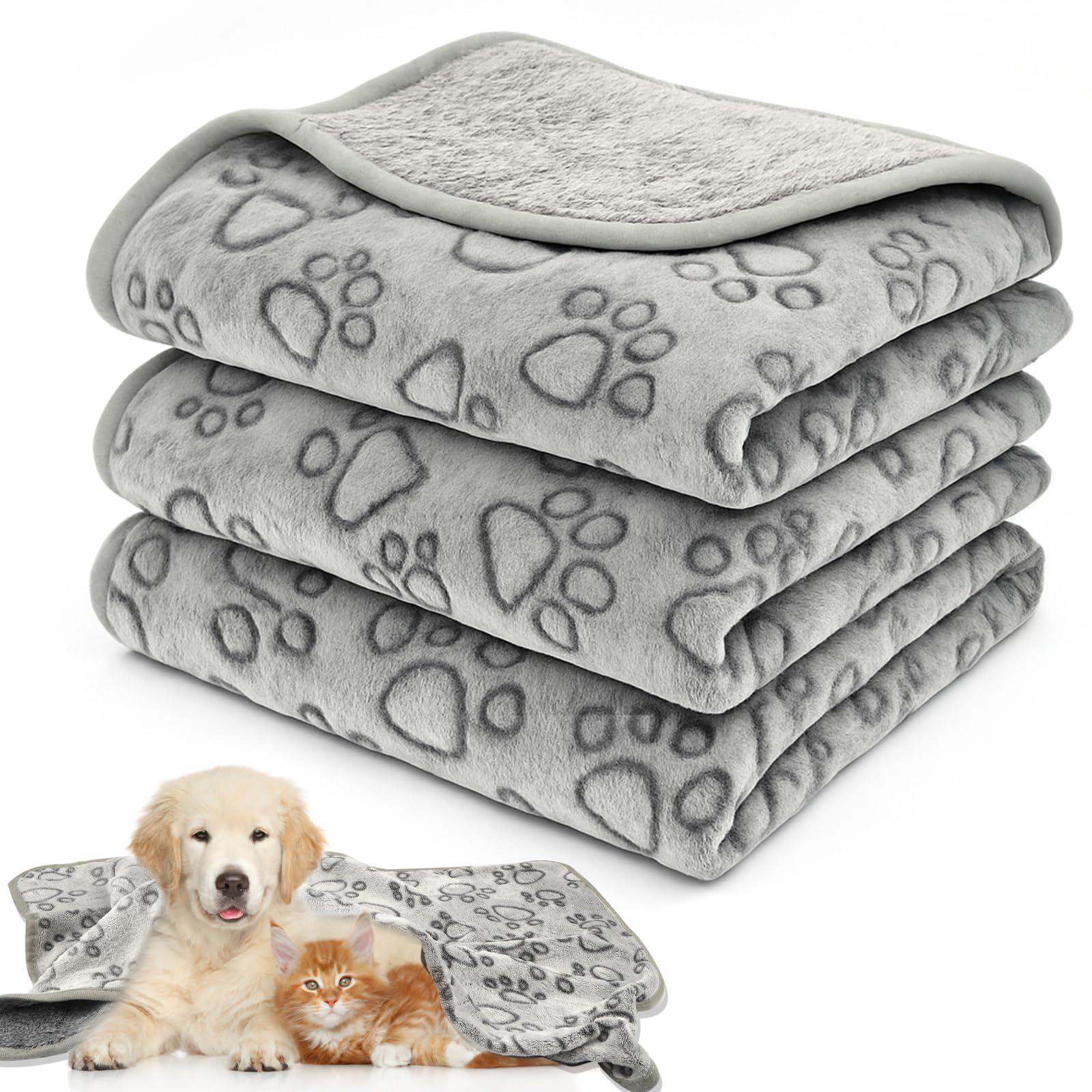 Neerow Pack of 3 Dog Blankets, 76 x 52 cm, Cat Blanket, Fluffy Sofa, Soft Fleece Dog Blanket, Washable, Pet Blanket, Grey for Sm