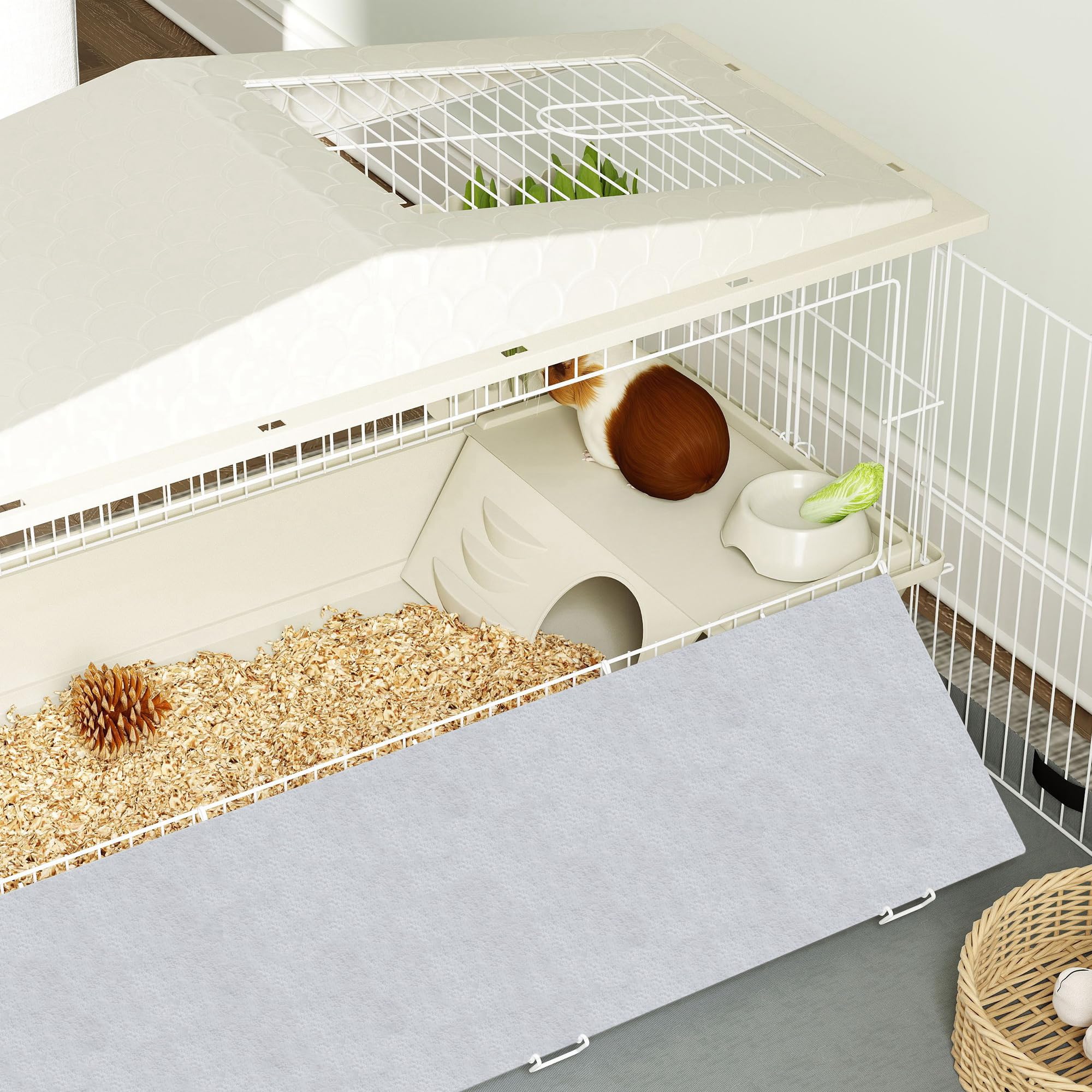 PawHut Small Animal Cage, Guinea Pig Cage with Removable Pet Playpen, Waterproof Pad, Food Dish, Water Bottle, Hay Feeder, Soft-