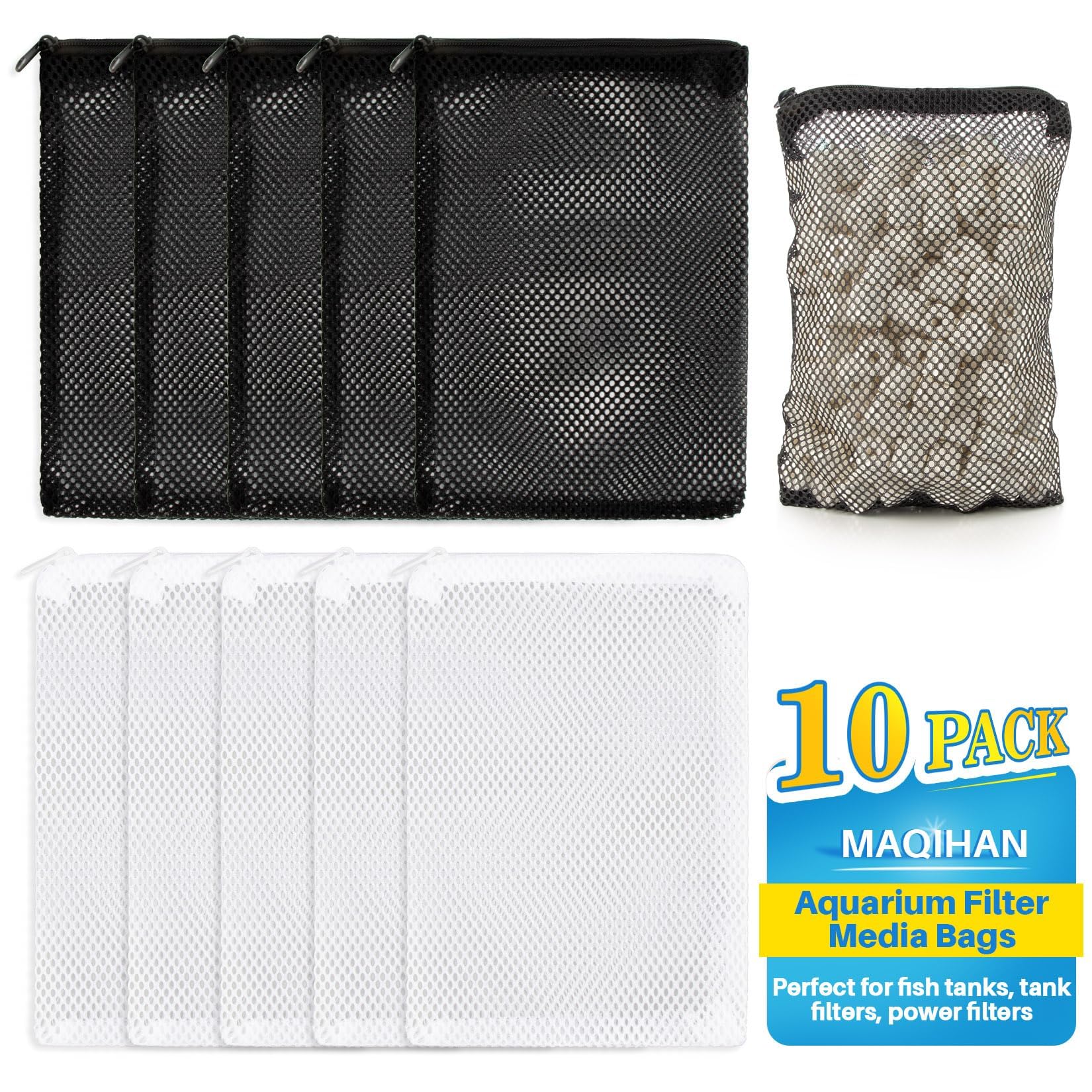 Maqihan 10Pcs Aquarium Filter Media Bags - Mesh Filter Bags Reusable Bags With Zipper For Activated Carbon Ceramic Rings Filter 