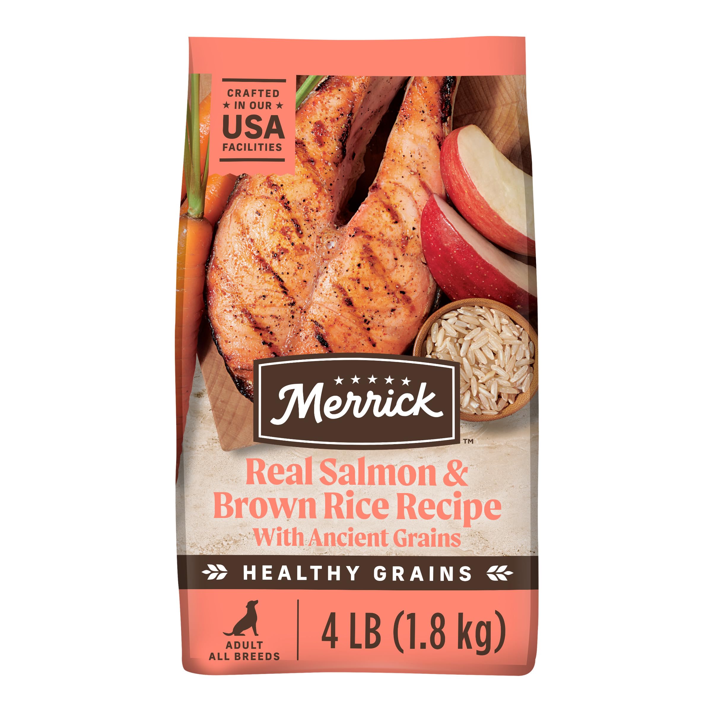 Merrick Healthy Grains Premium Adult Dry Dog Food, Wholesome And Natural Kibble With Salmon And Brown Rice - 4.0 lb. Bag
