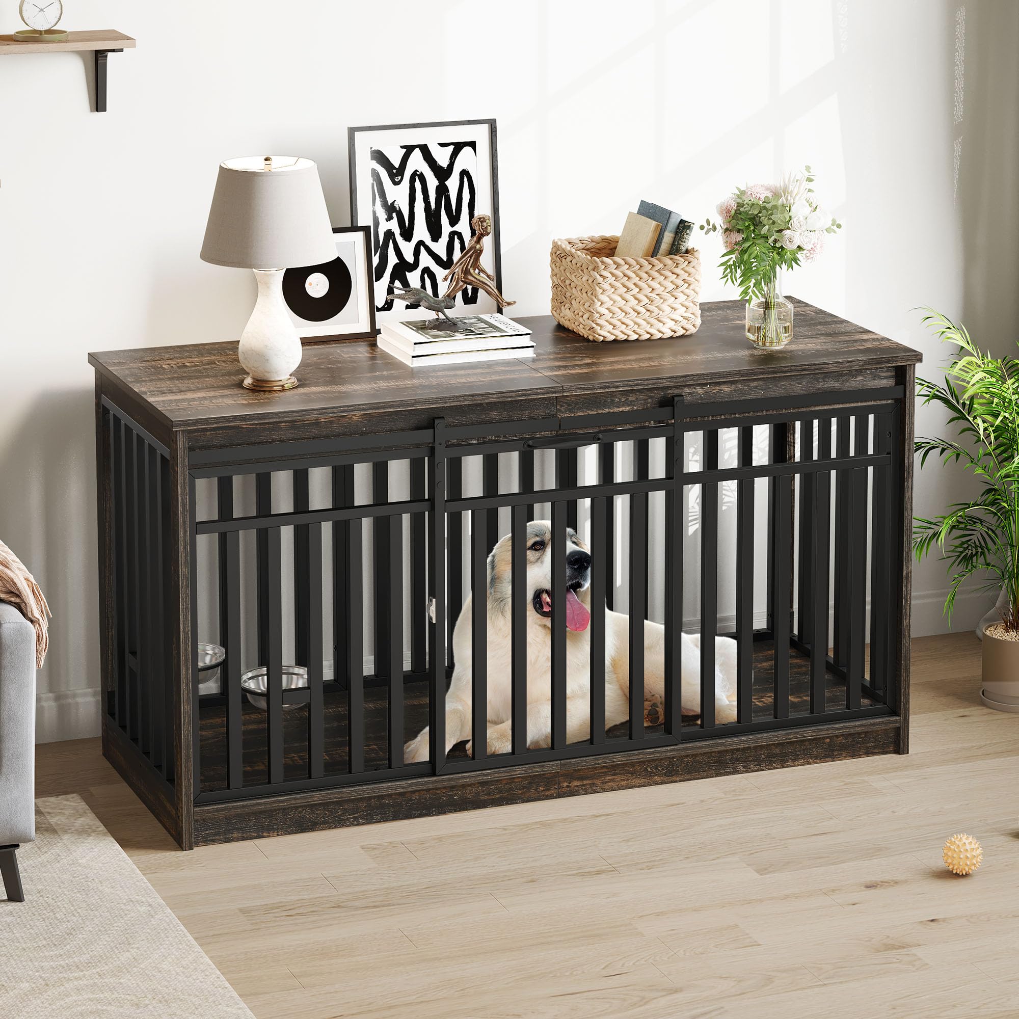 DWVO Extra Large Dog Crate Furniture, 55" Heavy Duty Metal Kennel, Wooden TV Stand, Black Oak