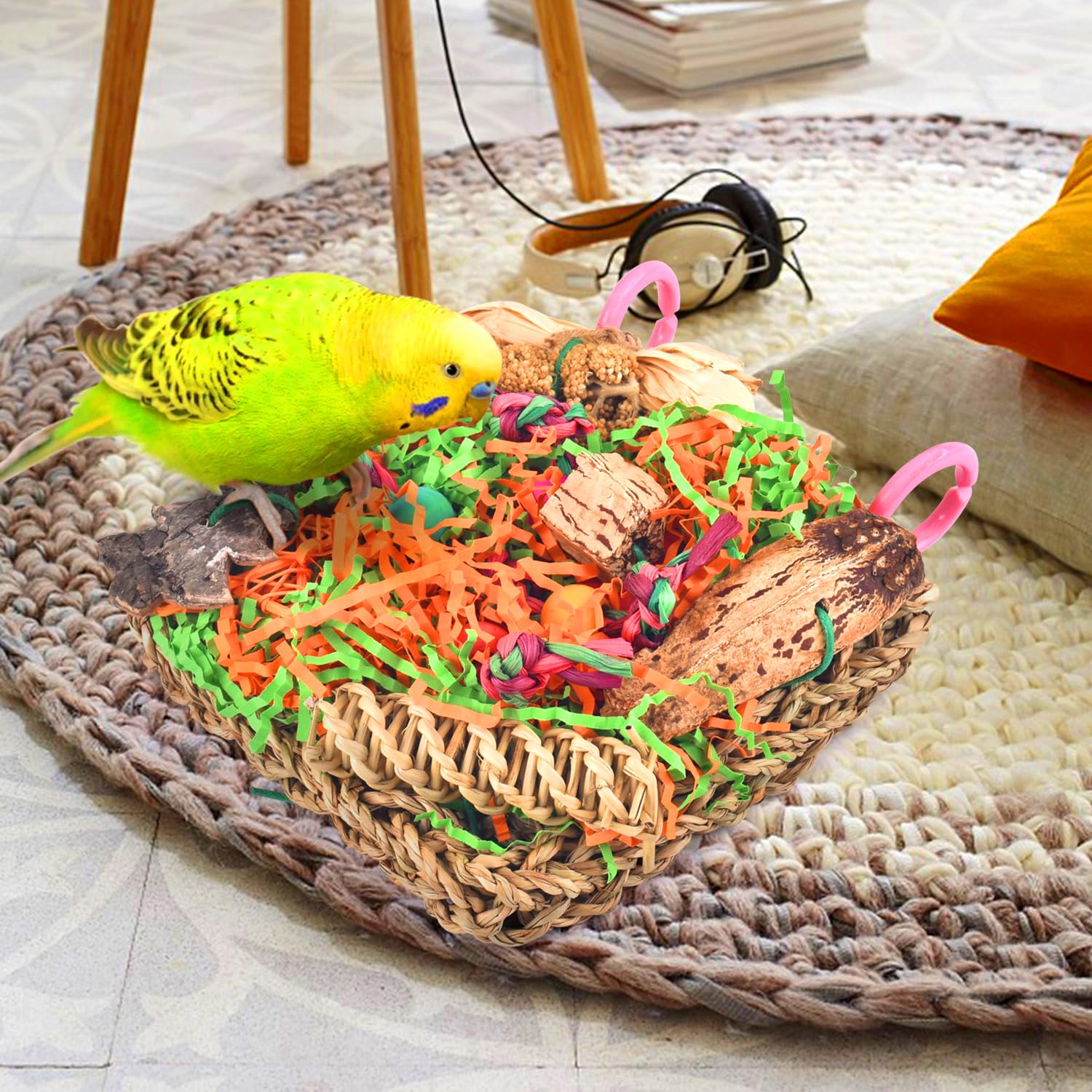 Katumo Bird Toys, Parakeet Toys Conure Grass Mat Foraging Toys Parrot Shredding Hanging Toys For Cockatiel Lovebird Parakeet Bud