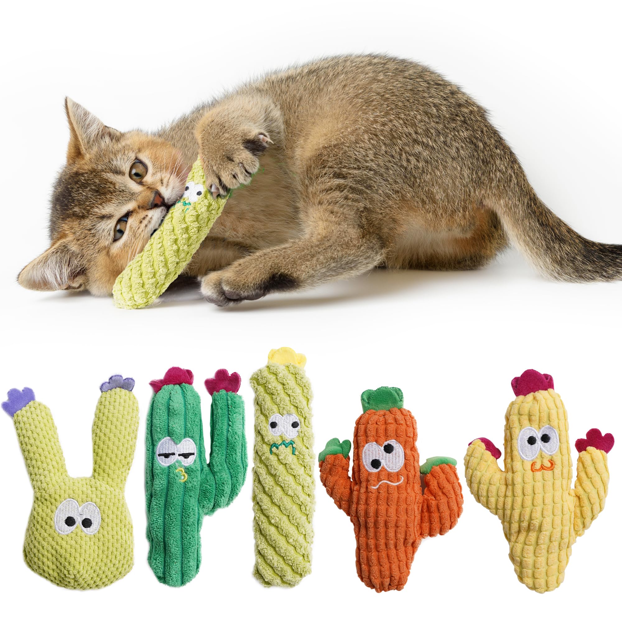 5 Pack Cactus Catnip Toys, 100% Pure Organic Catnip Filled Toys For Indoor Cats, Interactive Plush Chew Fun Without Cotton, Teet