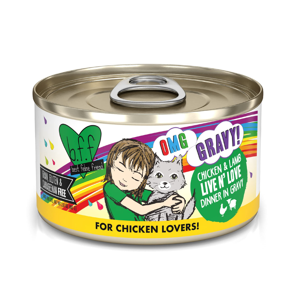 Weruva B.F.F. Omg - Best Feline Friend Oh My Gravy!, Chicken & Lamb Live N' Love With Chicken & Lamb In Gravy, 2.8Oz Can (Pack Of 12)