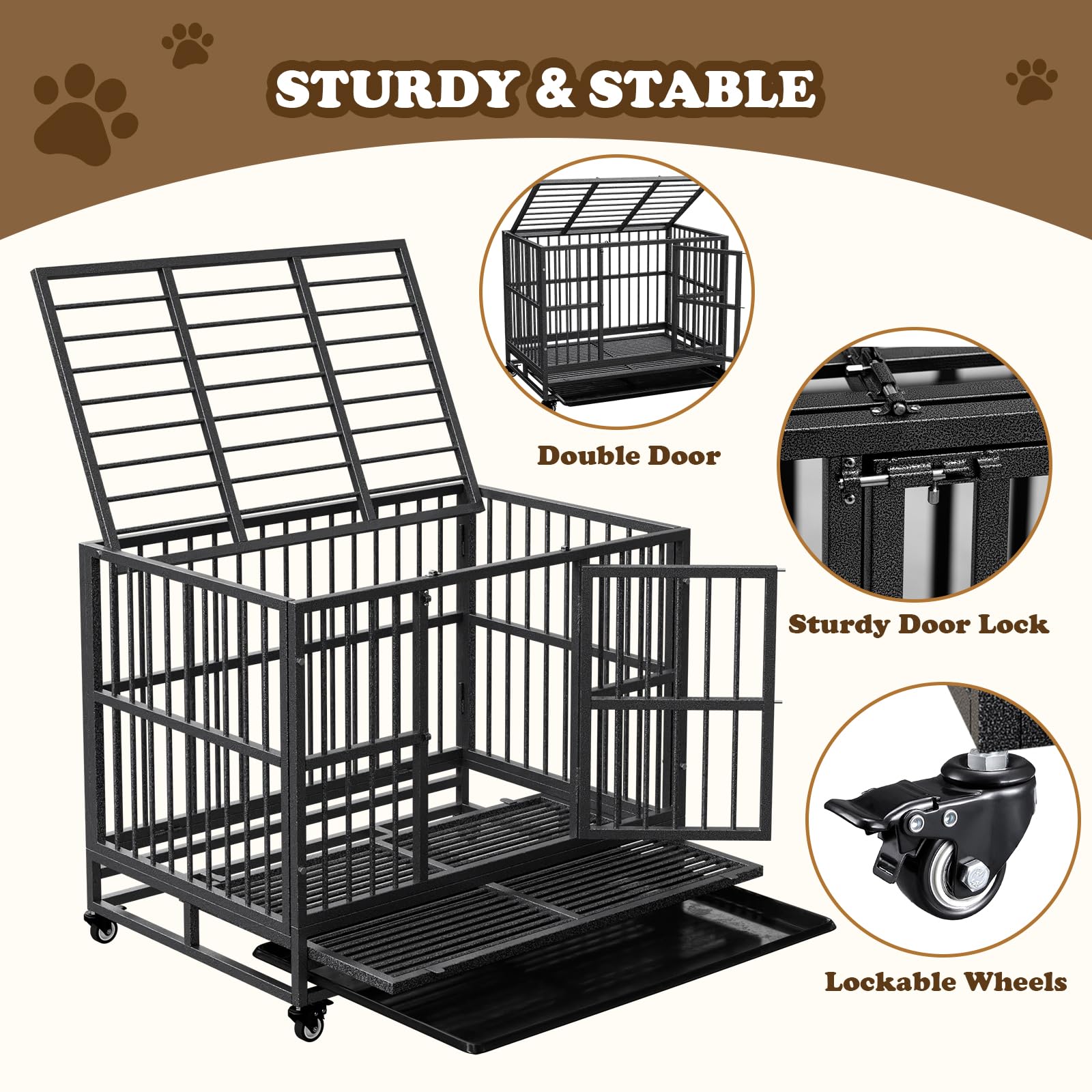 TCMOT Dog Crate with Removable Tray, 37/42/46 Inch Indestructible and Escape Proof Steel Dog Cage Kennel for High Anxiety Dogs,