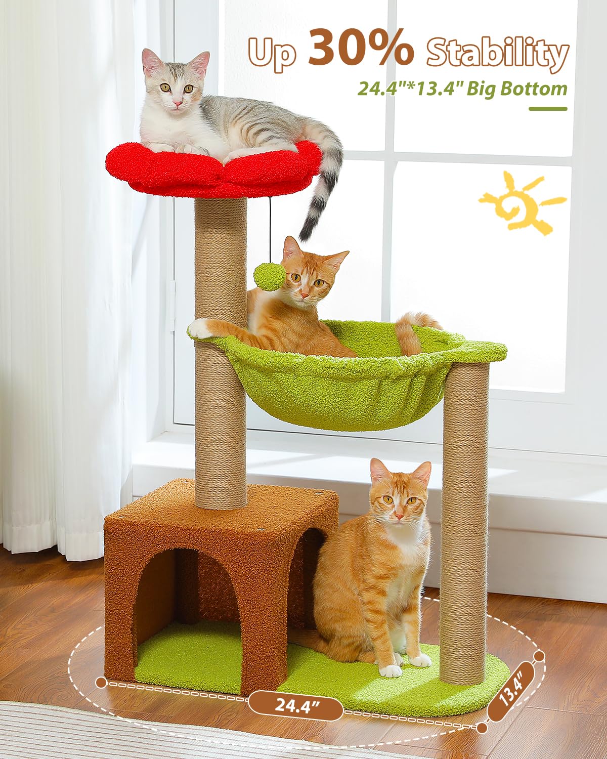 Muttros Flower Cat Tree With Sisal Scratching Posts, 35'' Cute Cat Tower With Large Green Hammock For Small Indoor Cats, Cat Con