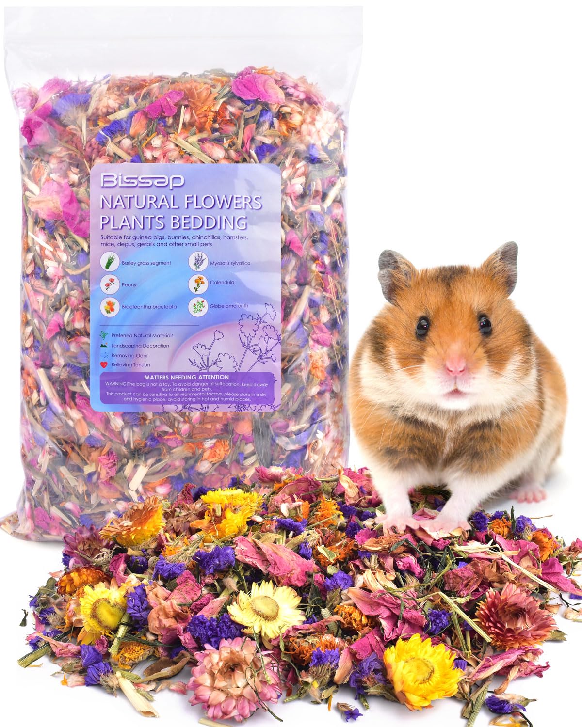 Bissap Natural Flower & Herb Hamster Bedding 300G/10.5Oz, Small Animal Flower Habitat Decor For Syrian Dwarf Hamster Gerbil Chinchilla Mice Degu And Other Small Pet Flower Bedding Odor Control Forage