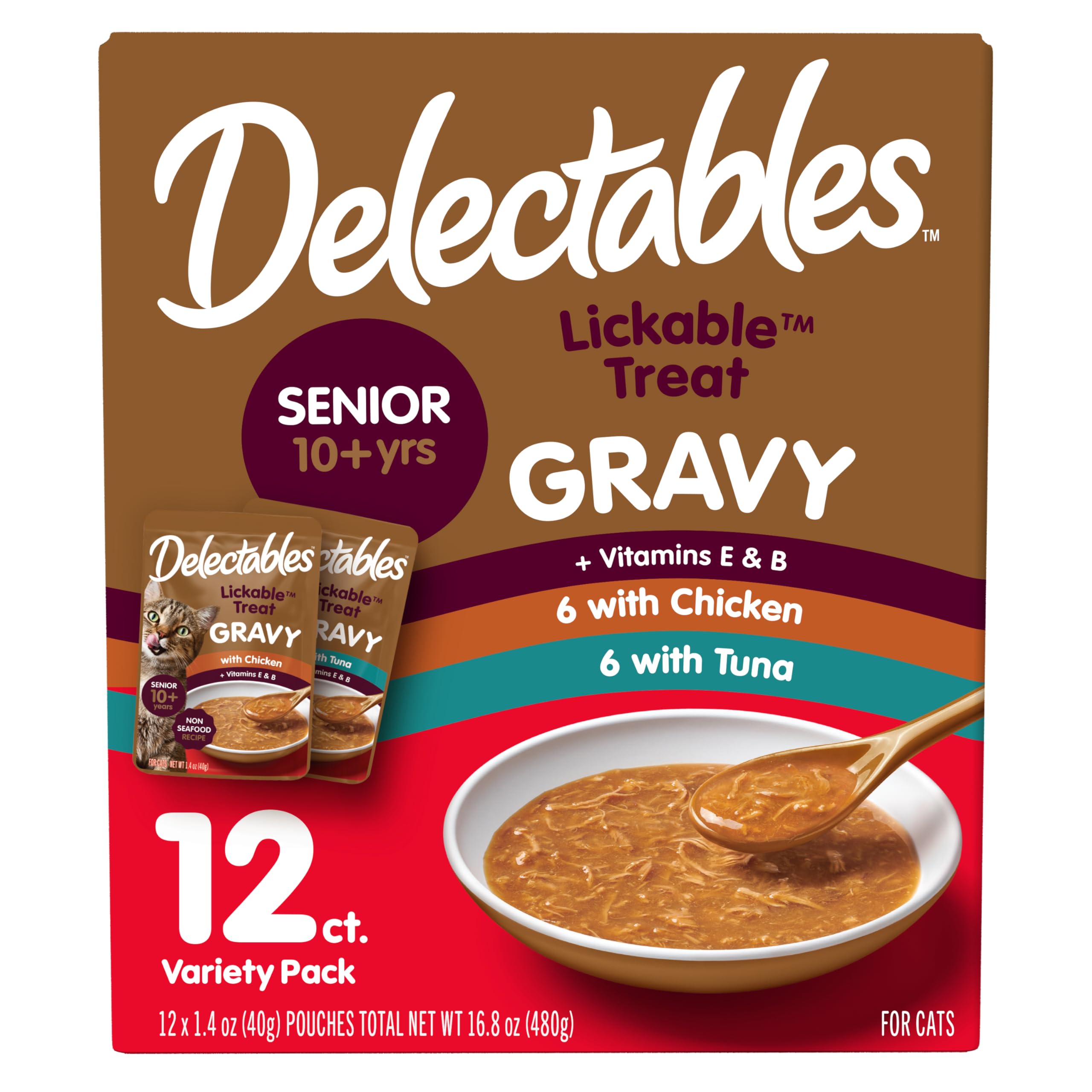 New! Delectables Lickable Treat Gravy Senior 10+ Variety Wet Cat Treat & Food Topper, Food Topper, Hydrating, Grain-Free, No Fil