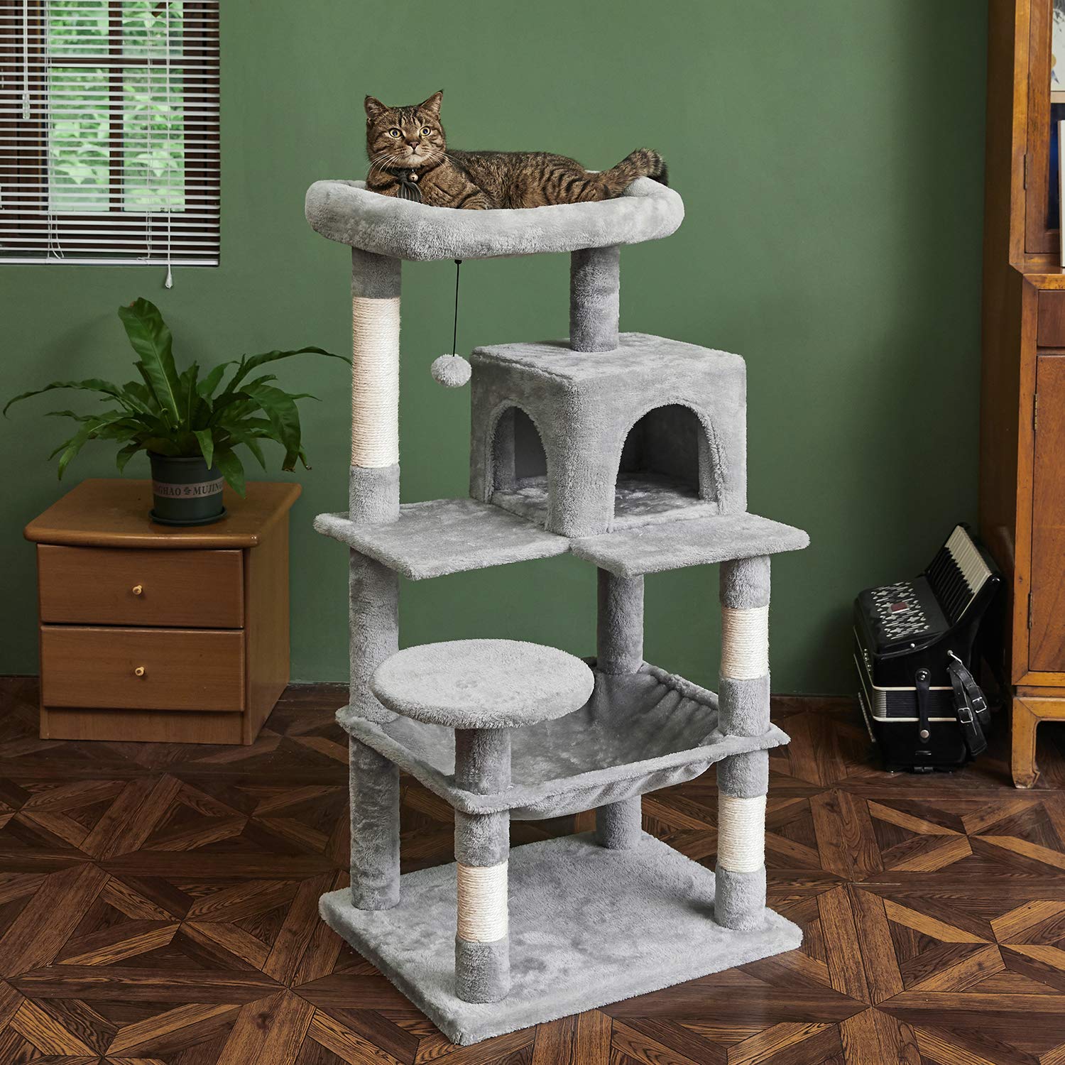 Catinsider 46.5 Inches Cat Tree Multi-Level Cat Tower With Sisal-Covered Scratching Posts, Plush Perches, Hammock And Condo For Cats Light Gray