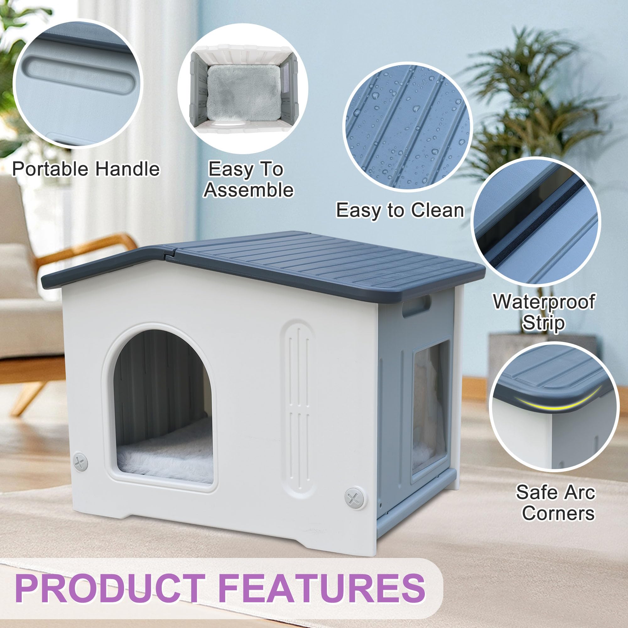 Rockever Plastic Outdoor Cat House with Escape Door, Waterproof Cat Shelters for Feral Cats Indoor Cat House with Mat, Sturdy Ca