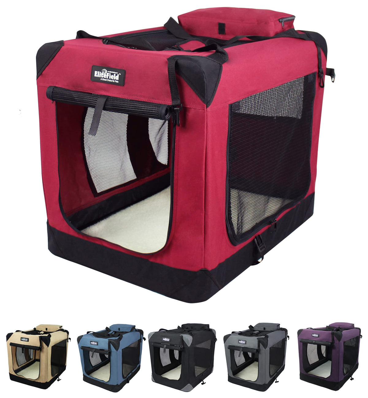 Elitefield 3-Door Folding Soft Dog Crate With Carrying Bag And Fleece Bed (2 Year Warranty), Indoor & Outdoor Pet Home (36' L X 24' W X 28' H, Maroon)