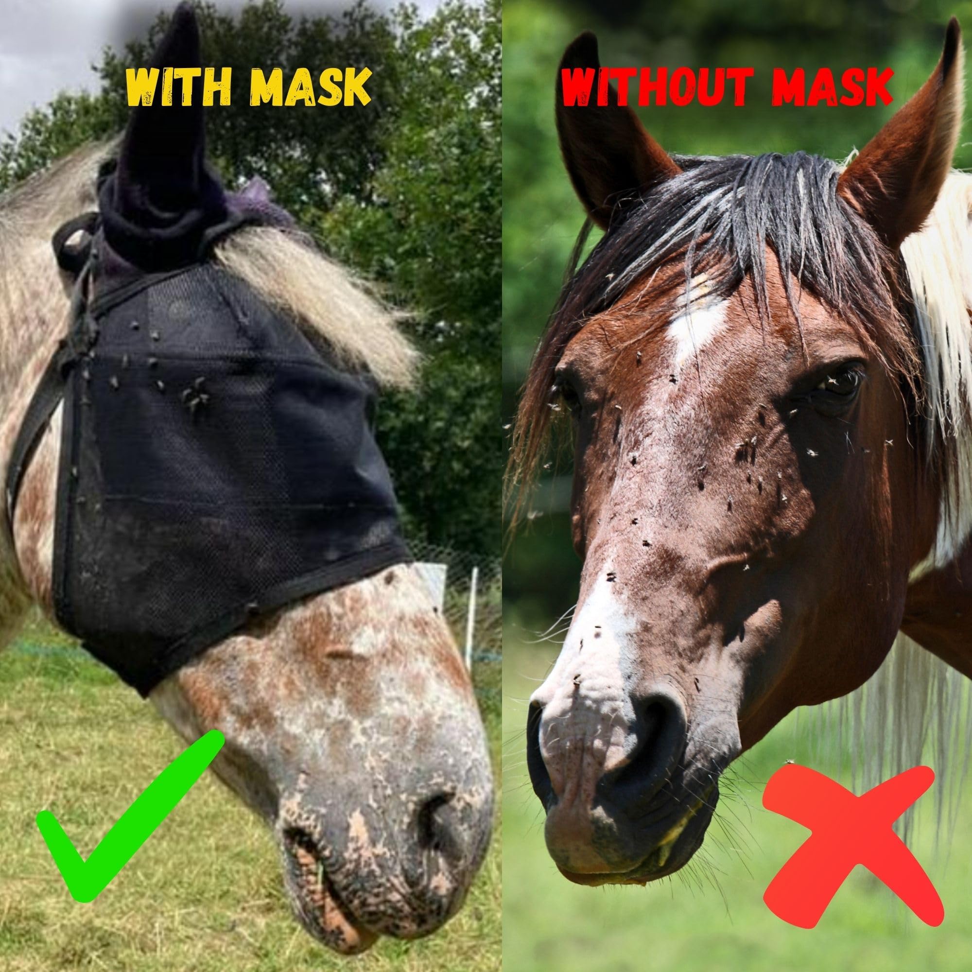 EquiVizor 95% UV Eye Protection (XL) Horse Fly Mask with Ears. Designed to Stay On Your Horse, Off The Ground.
