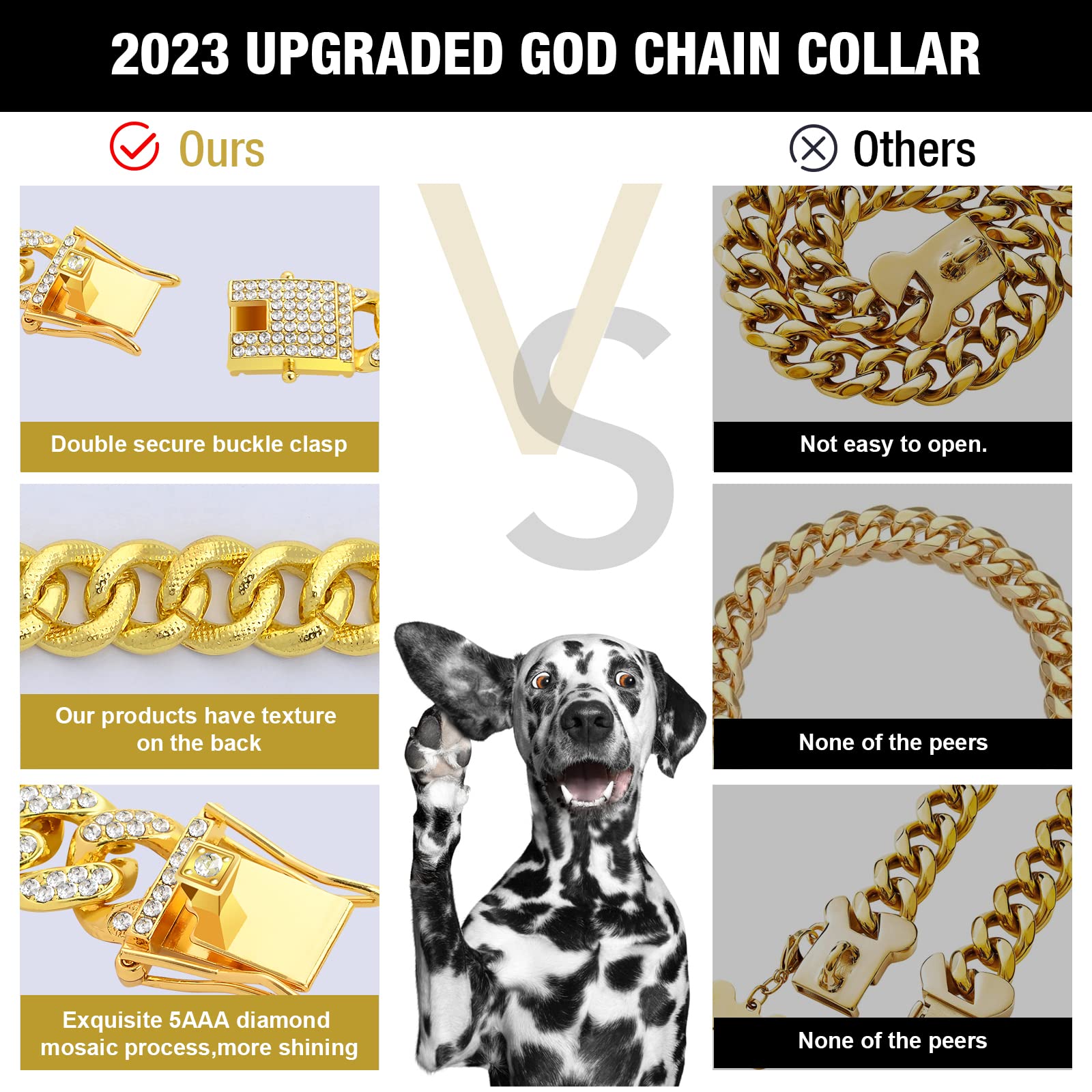 Wimupath Gold-Plated Diamond Dog Collar - Cuban Style Metal Chain With Secure Buckle, Luxury Durable Collar For Small/Medium/Lar
