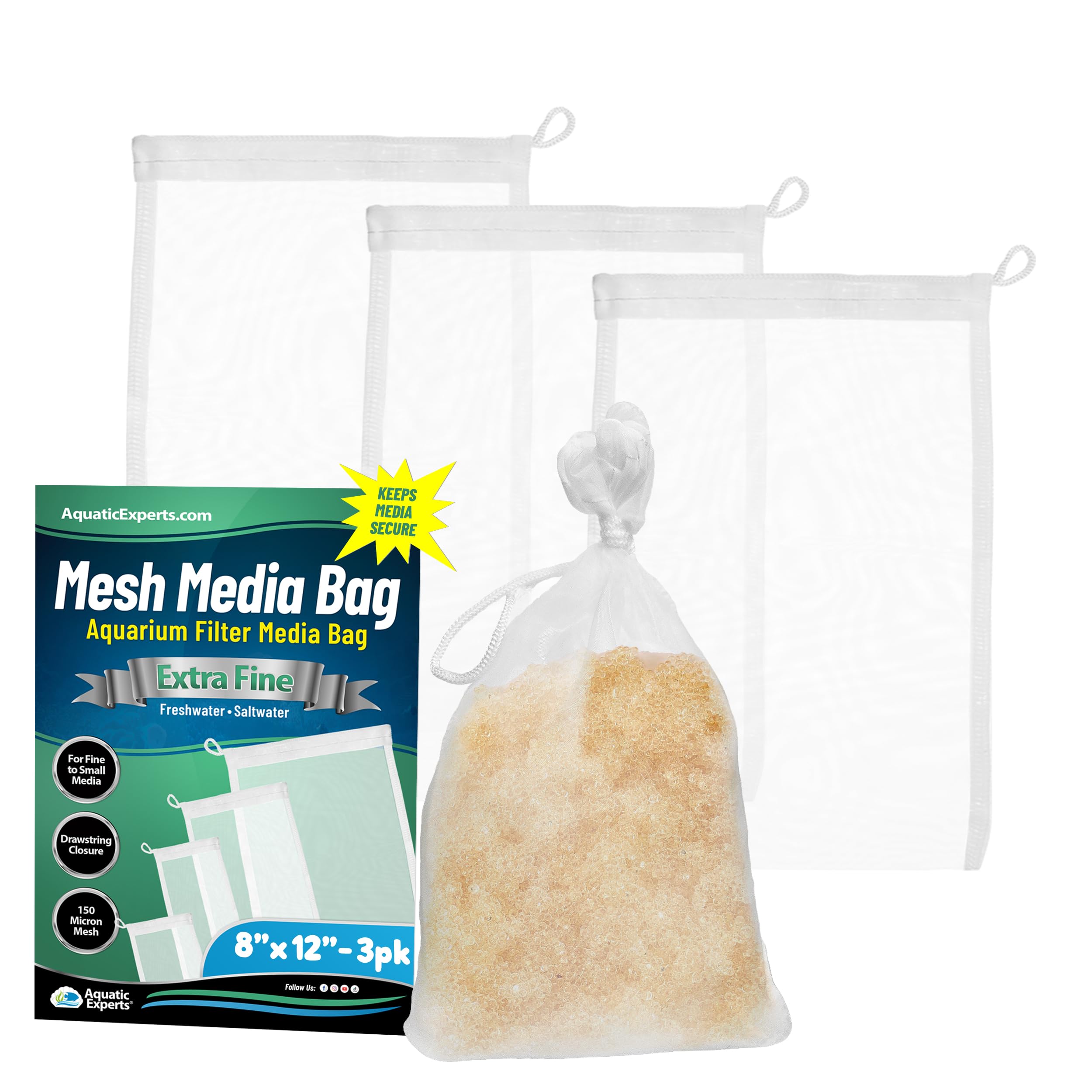 Aquatic Experts Extra Fine Aquarium Media Bag, Durable Drawstring Bags For Fish Tank Filters,150 Micron Mesh, (Extra Fine, 8' X