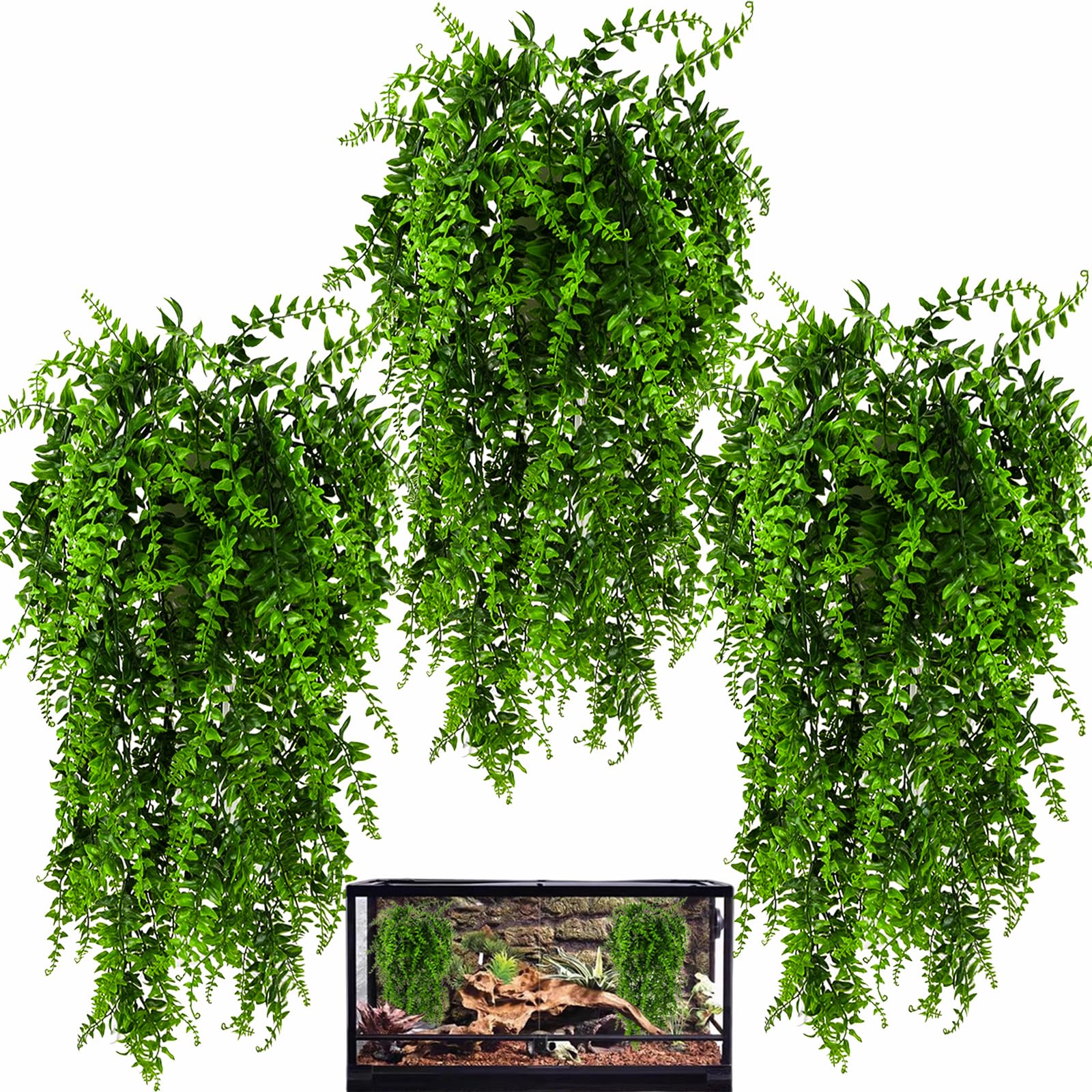 Hercocci 3 Pack Reptile Plants, Terrarium Hanging Plants Vines Artificial Leaves Habitat Decorations With Suction Cup For Bearded Dragon Hermit Crab Lizard Snake Geckos Chameleon