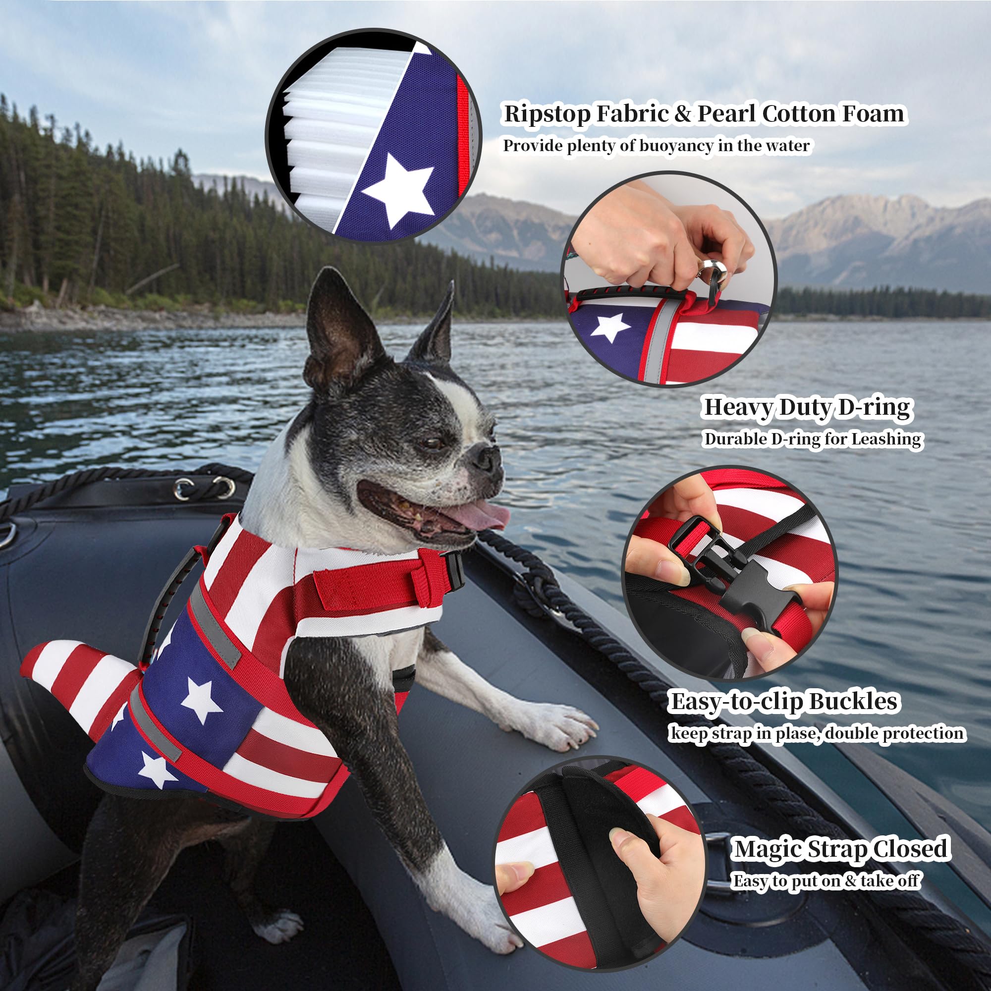 Dogcheer Dog Life Jacket Shark, American Flag Dog Life Vest With Reflective Stripes & Rescue Handle, Adjustable High Buoyancy Pu