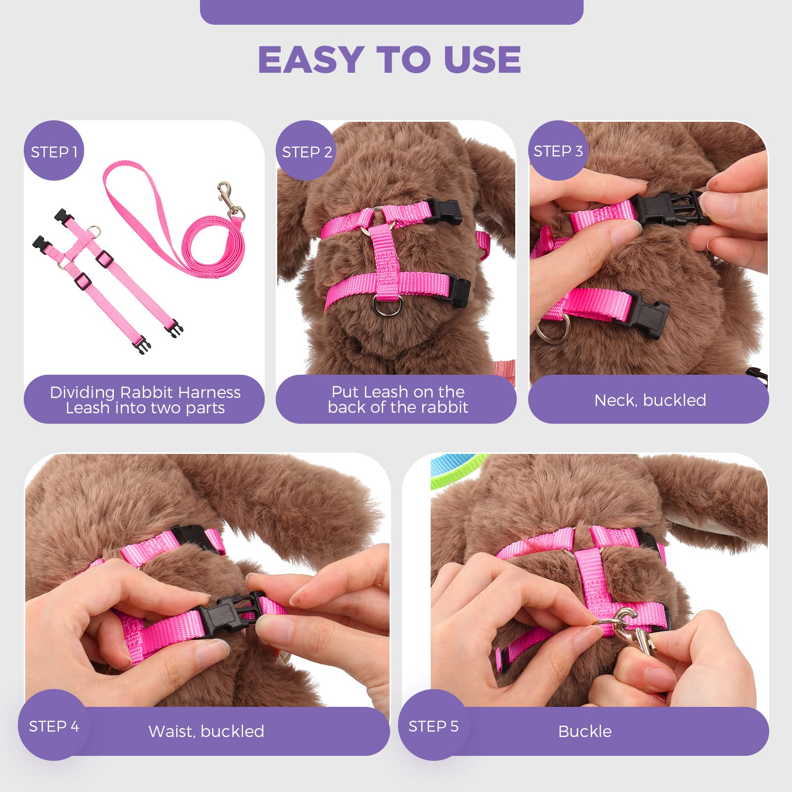 Outus 5 Pieces Adjustable Rabbit Harness and Leash Set Escape Proof Bunny Harness Vest for Pet Running Walk Jogging Bunny Cat Pu