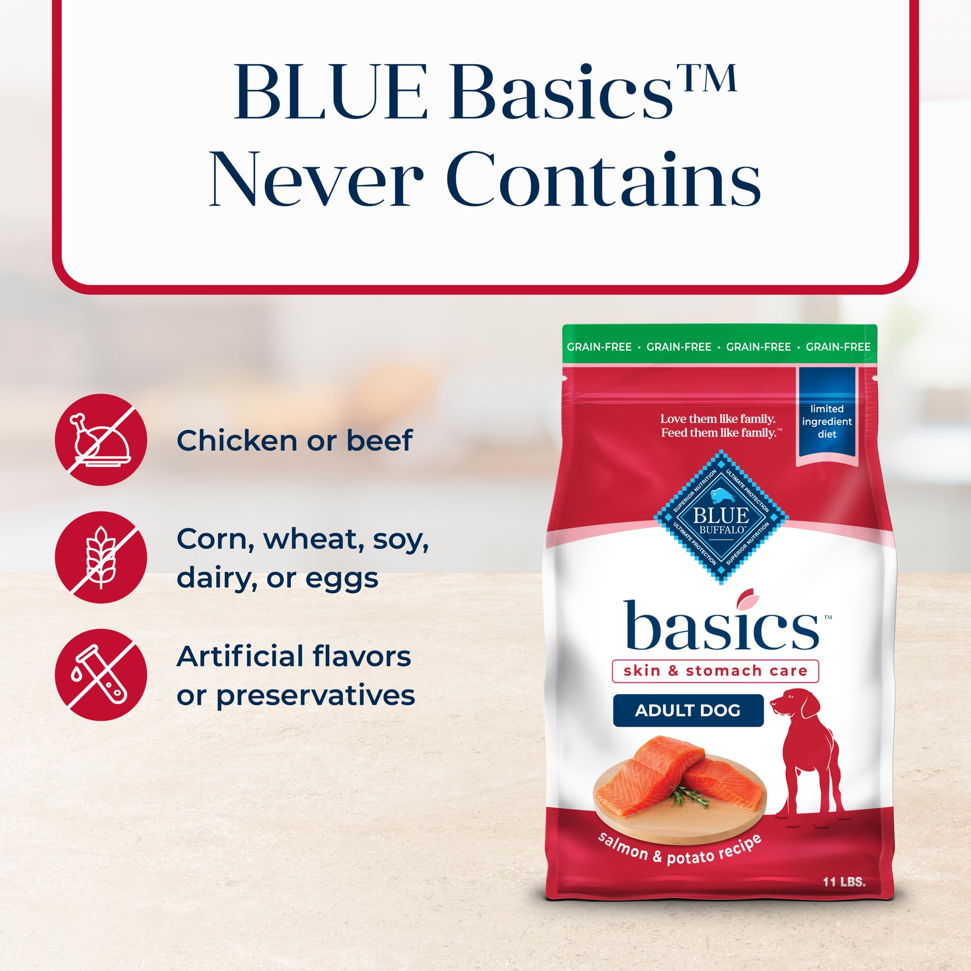 Blue Buffalo Basics Grain-Free Dry Dog Food for Adult Dogs, Limited Ingredient Diet, Salmon Recipe, 11-lb Bag