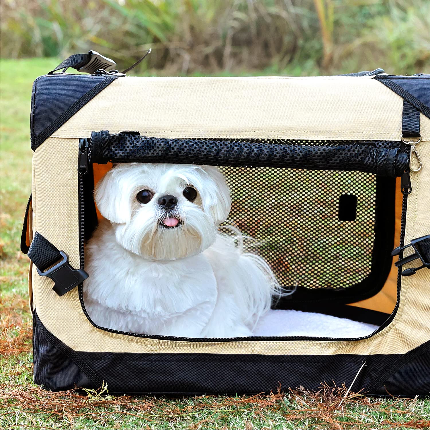 Pettycare 30 Inch Collapsible Dog Crate For Medium Dogs, 4-Door Foldable Soft Dog Kennel With Chew Proof Mesh Windows, Indoor & Outdoor Travel Dog Crate, Soft Side Dog Crate,Beige