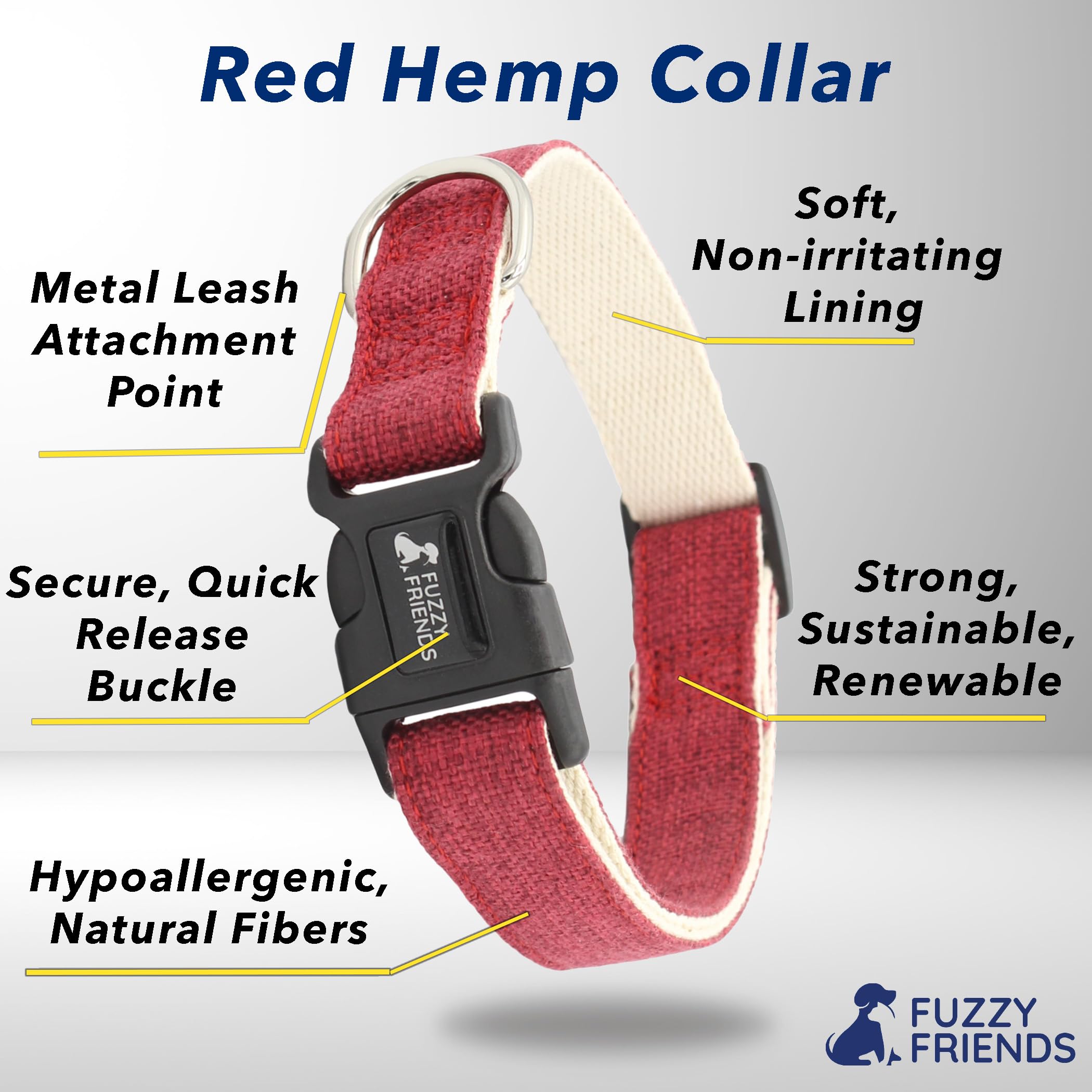 Fuzzy Friends Red Hemp Collar. Hypoallergenic Collar Great For Sensitive Skin Or Allergies. 5 Sizes: X-Small, Small, Medium, Lar