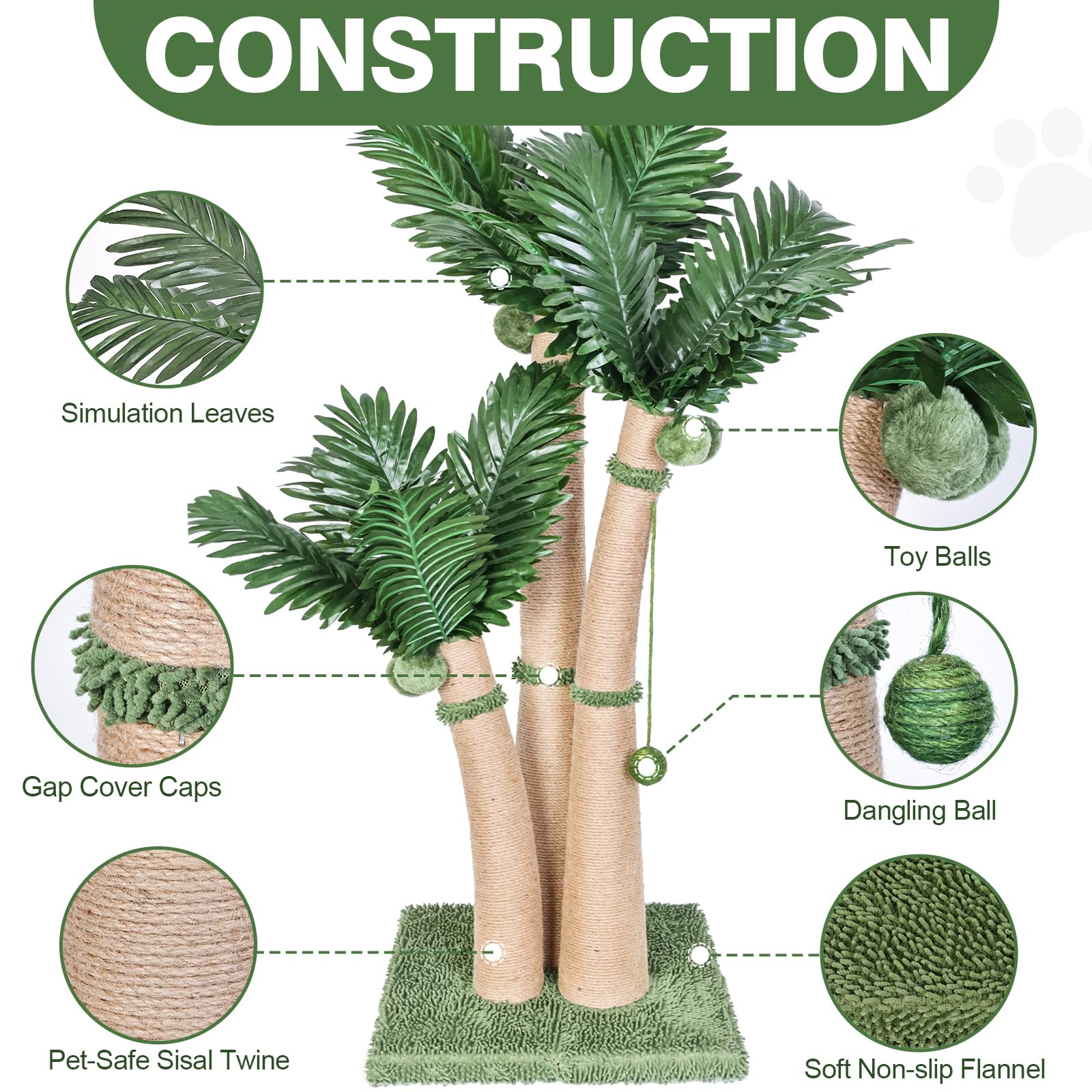 Furlogy 40'' Tall Cat Scratching Post, 3 Curved Design Palm Tree Cat Scratching Post With 8 Interactive Balls, Natural Sisal Rop