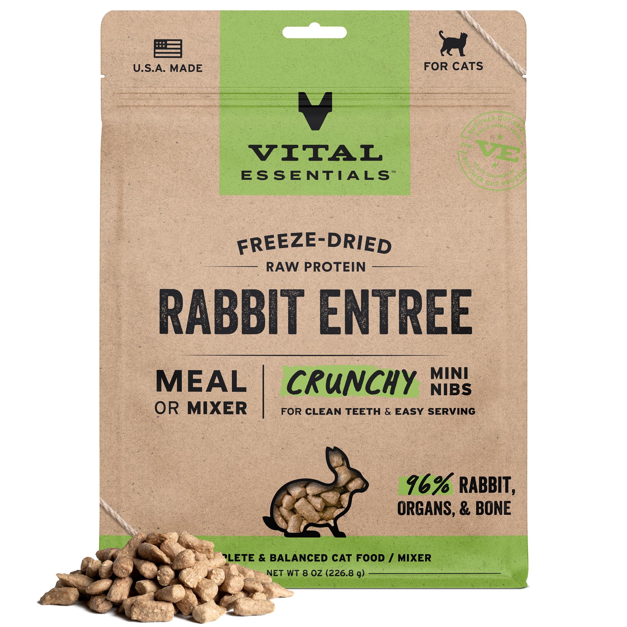 Vital Essentials Freeze-Dried Raw Rabbit Cat Food Crunchy Nibs, 8 oz - New Packaging
