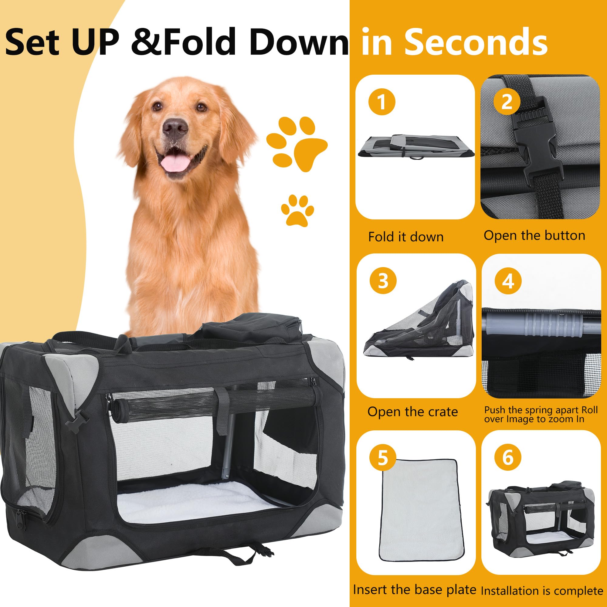 Bestpet 42 Inch Collapsible Dog Crate For Large Dogs, 3-Door Portable Folding Soft Dog Crate Dog Kennel Lightweight Foldable Tra